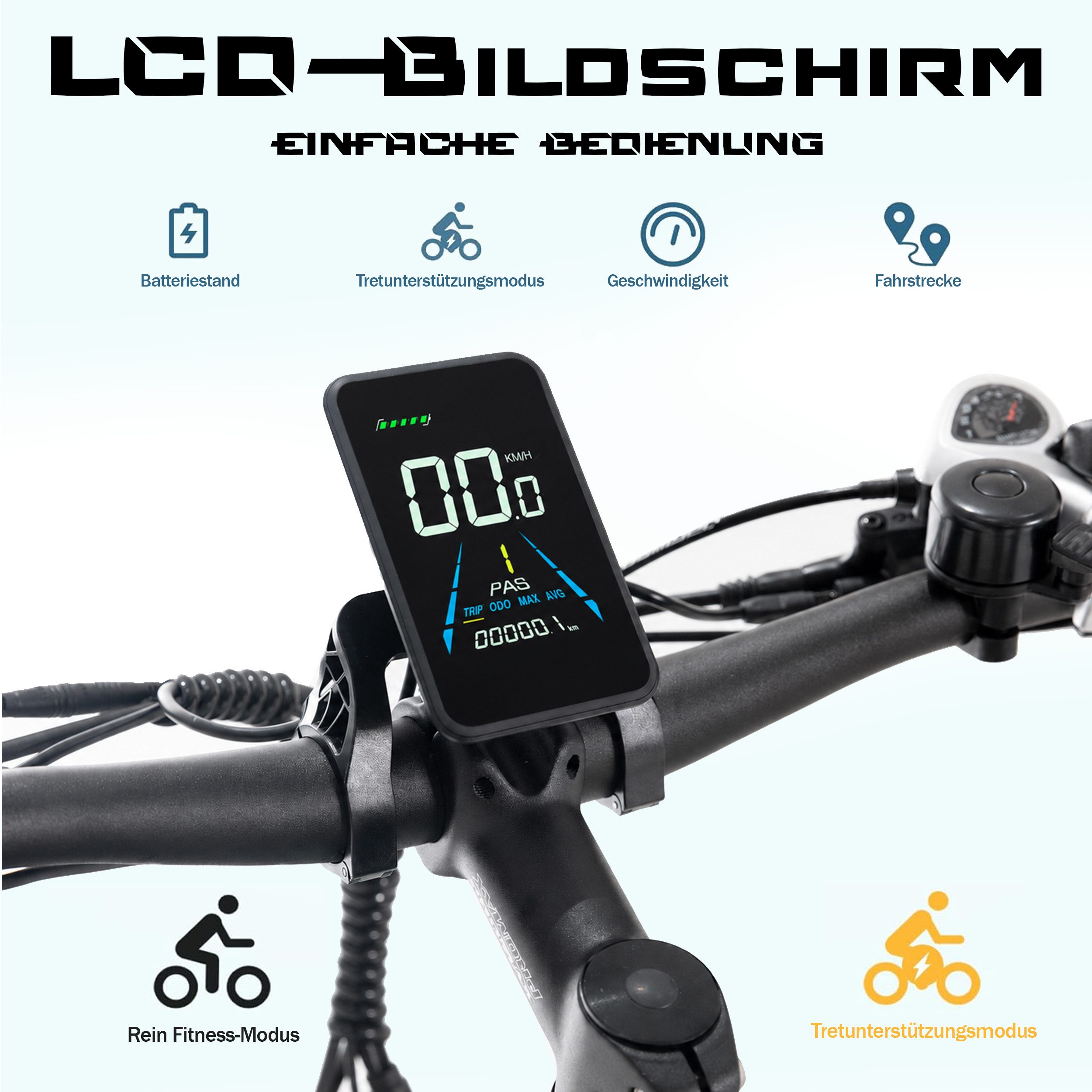 JOBOBIKE E-Bike Mountainbike 26x4 Zoll, bis zu 180km, mit Bremslicht- und Blinker, Fatbike, MTB, 7 Gang Shimano, Kettenschaltung, Heckmotor, 840 Wh, (LCD-Farbdisplay, für Asphalt, Schotter und Gelände, Aluminiumrahmen), 5 Stufen, Gefederte Sattelstütze, Elektrofahrrad für Damen und Herren