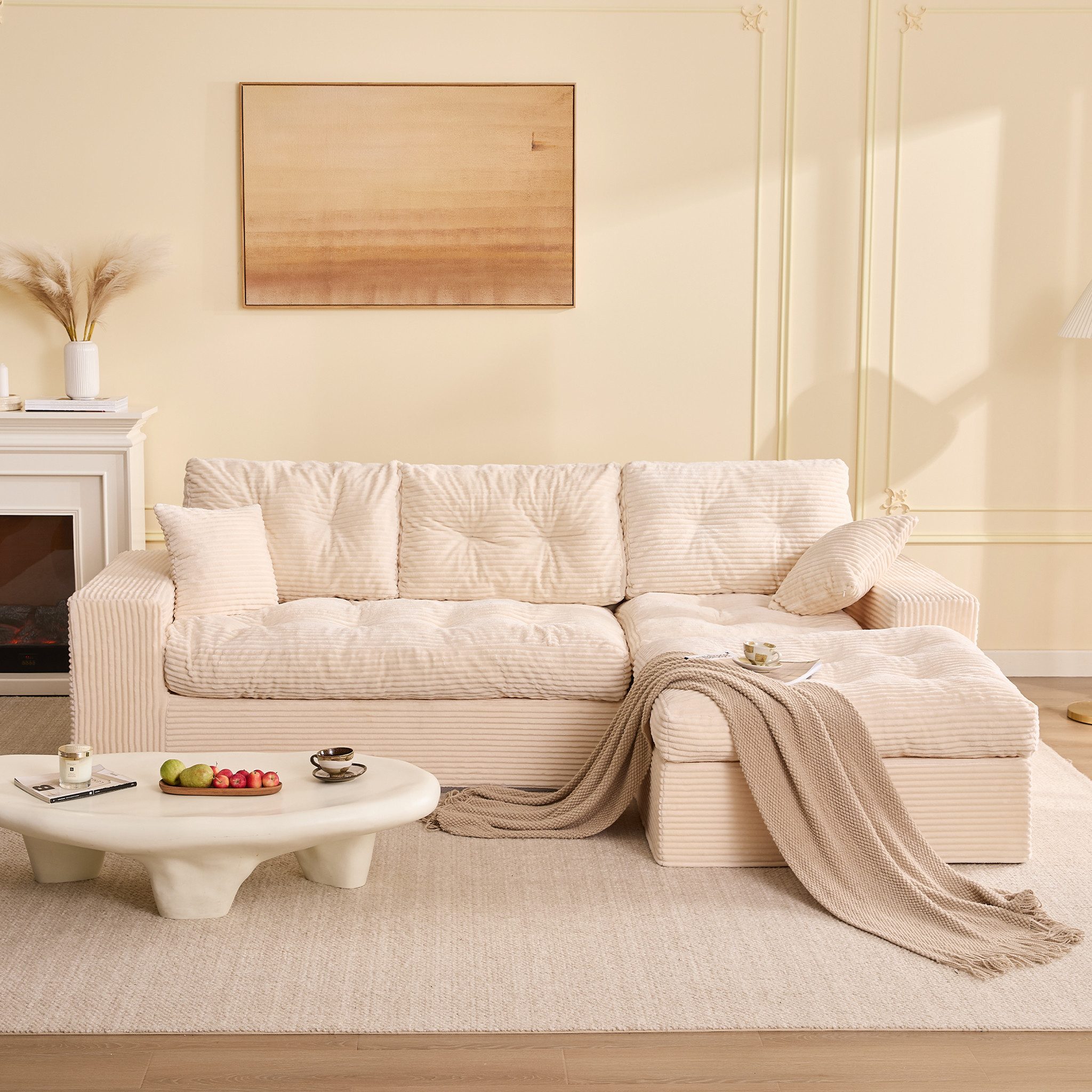 LITBIRD Ecksofa 3-Sitzer Sofa mit Marshmallow-Softpolster & Modulares Recamiere Sofa, 1 Teile, Cordstoff Schlafsofa & Relaxsofa, Wohnzimmer Sofa