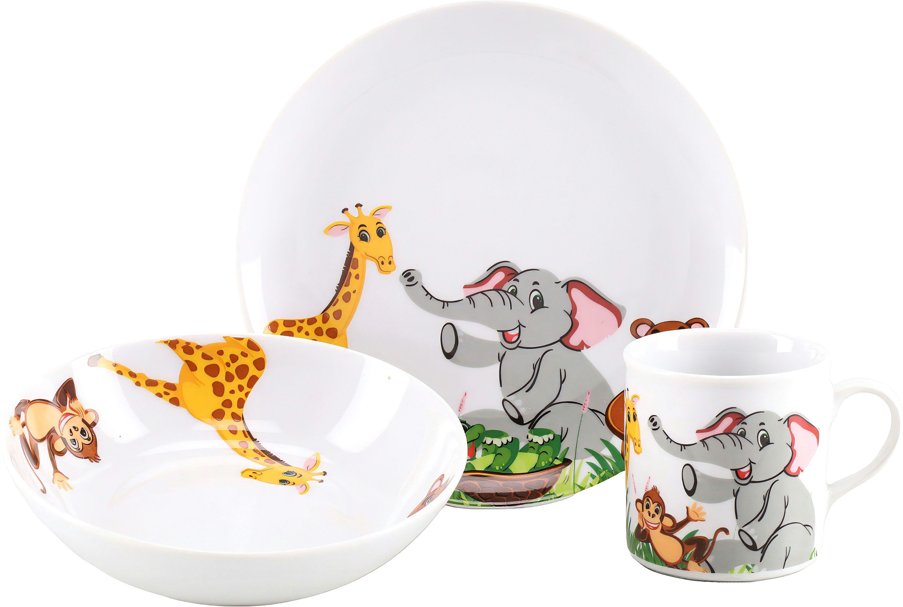 CreaTable Kindergeschirr-Set Zoo (3-tlg), 1 Personen, Porzellan, Dekor mit lustigen Zoobewohnern, Made in Europe, 3 Teile, für 1 Person