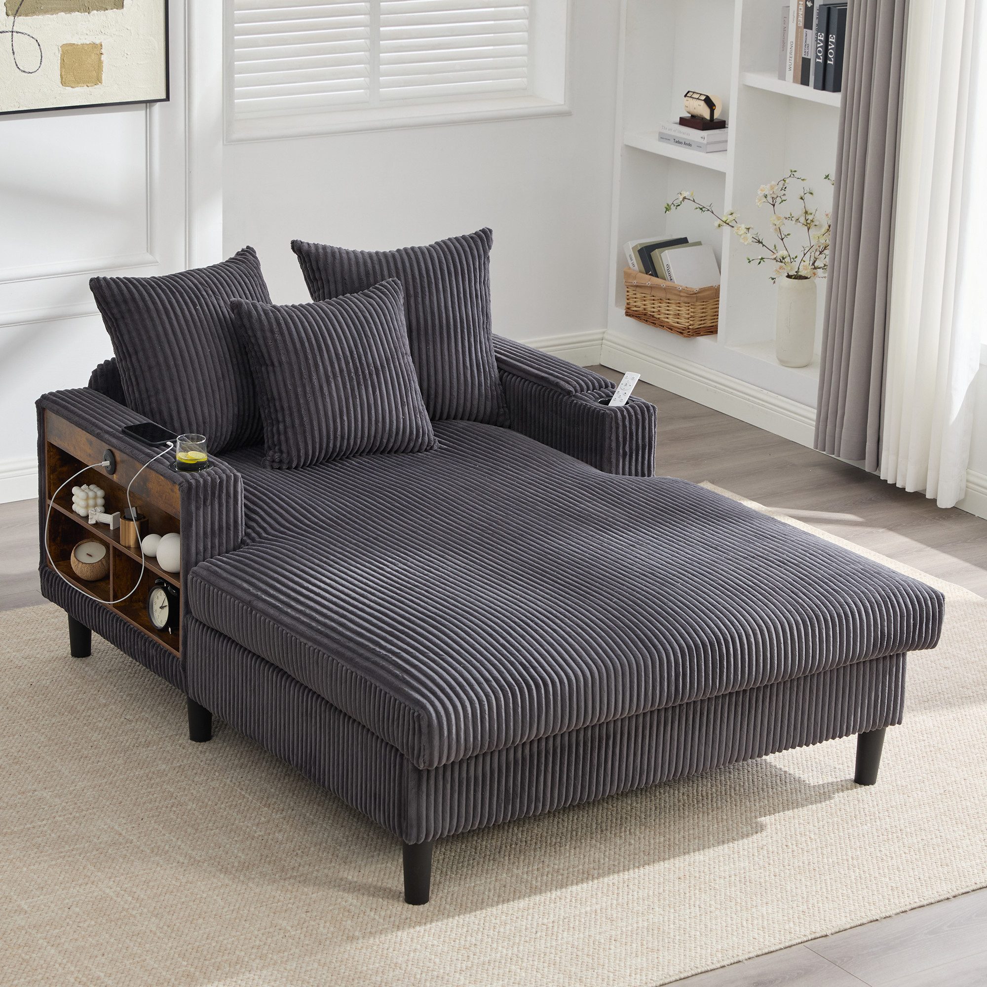 MODFU Sofa mit Chaiselongue aus Cord, Loungesofa mit große Liegefläche, mit LED-Beleuchtung, USB-Port, Stauraum, Seitentasche und doppelten Becherhaltern, Funktionssofa mit stabilen Kunststofffüßen