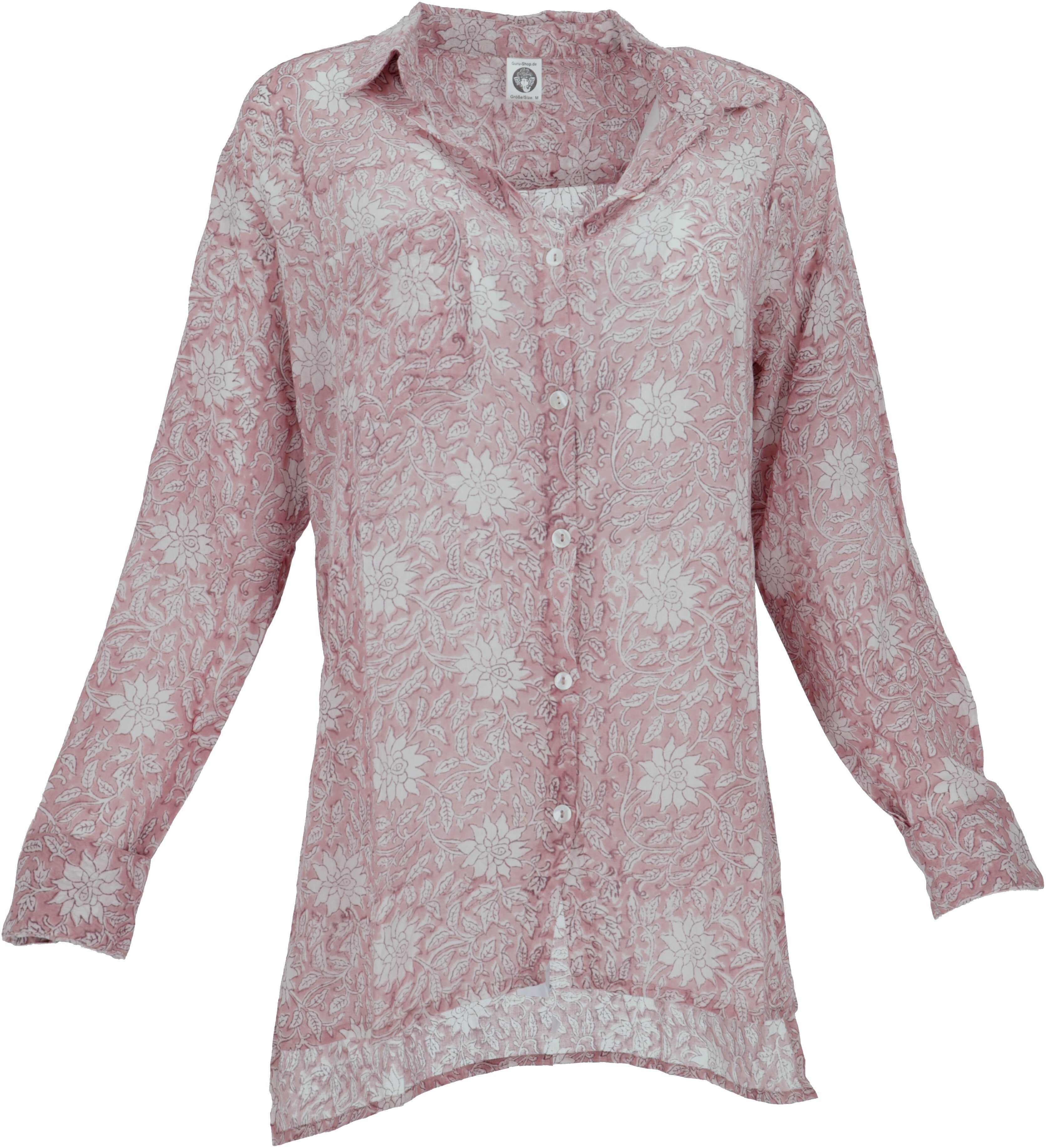 Guru-Shop Longbluse Handbedrucktes Boho Langarmhemd, luftiges.. alternative Bekleidung rosa