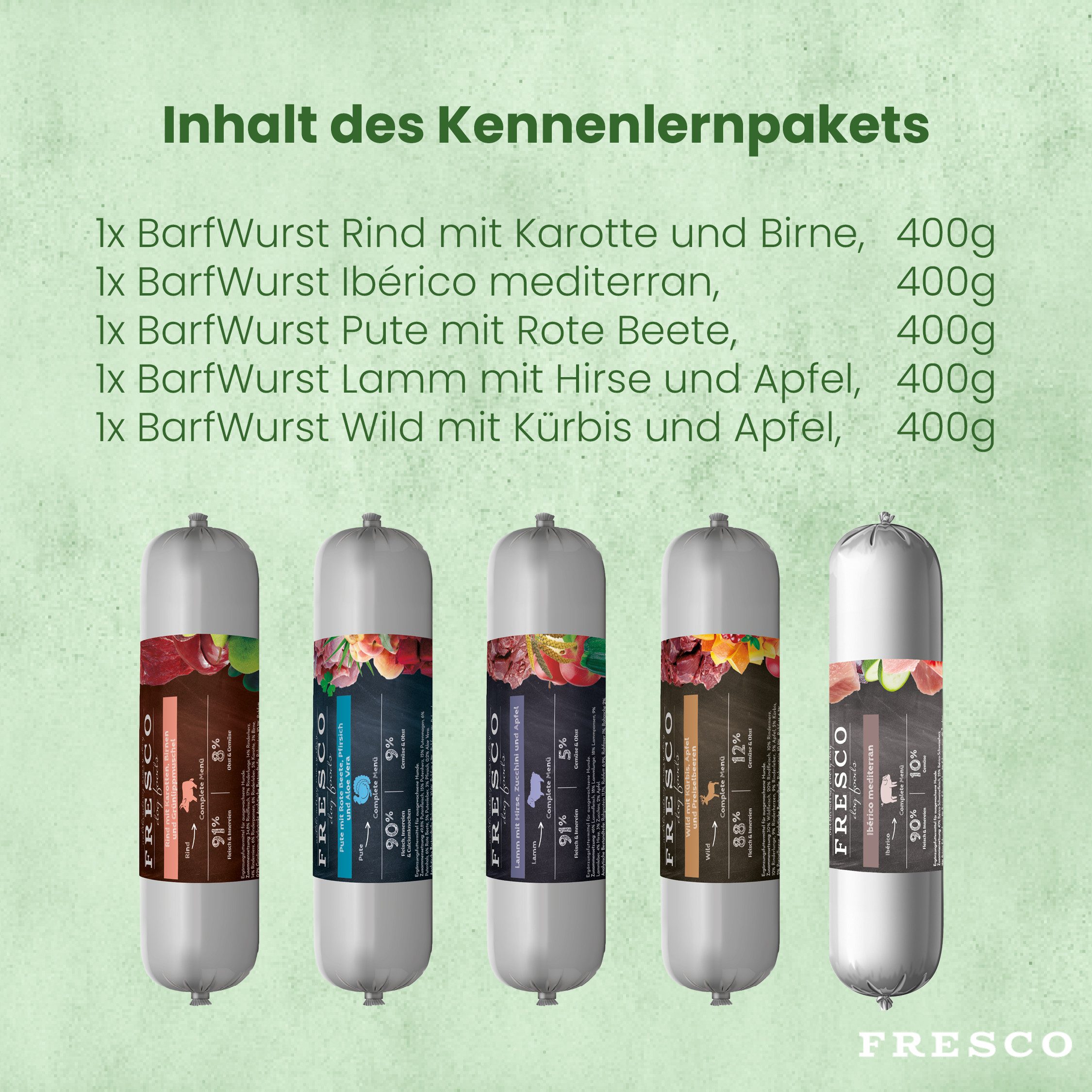 Fresco Dog BARF Hundewurst schnittfest PROBIERPAKET I 5 x 400g, Nassfutter für: Hunde, Getreidefrei, hoher Fleischanteil & salzfrei