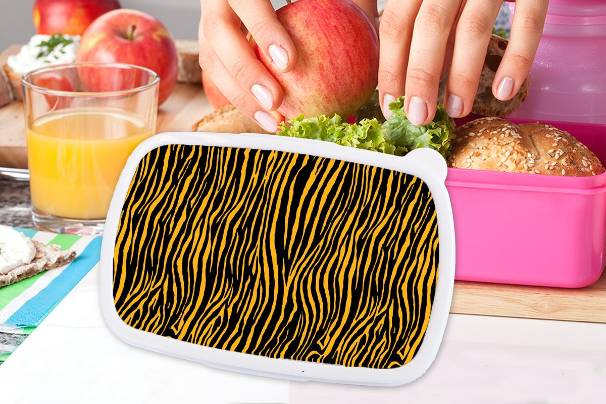 MuchoWow Lunchbox für Kunststoff, Tigerdruck Orange, Brotbox Brotdose Mädchen, - Kinder, - rosa Kunststoff Erwachsene, Snackbox, (2-tlg), Tiere