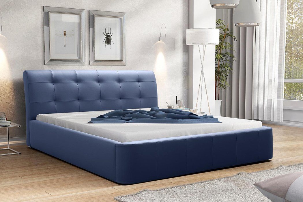 JVmoebel Bett, Klassisches Betten Blau Leder Polster Bett Bettgestell Hotel Textil