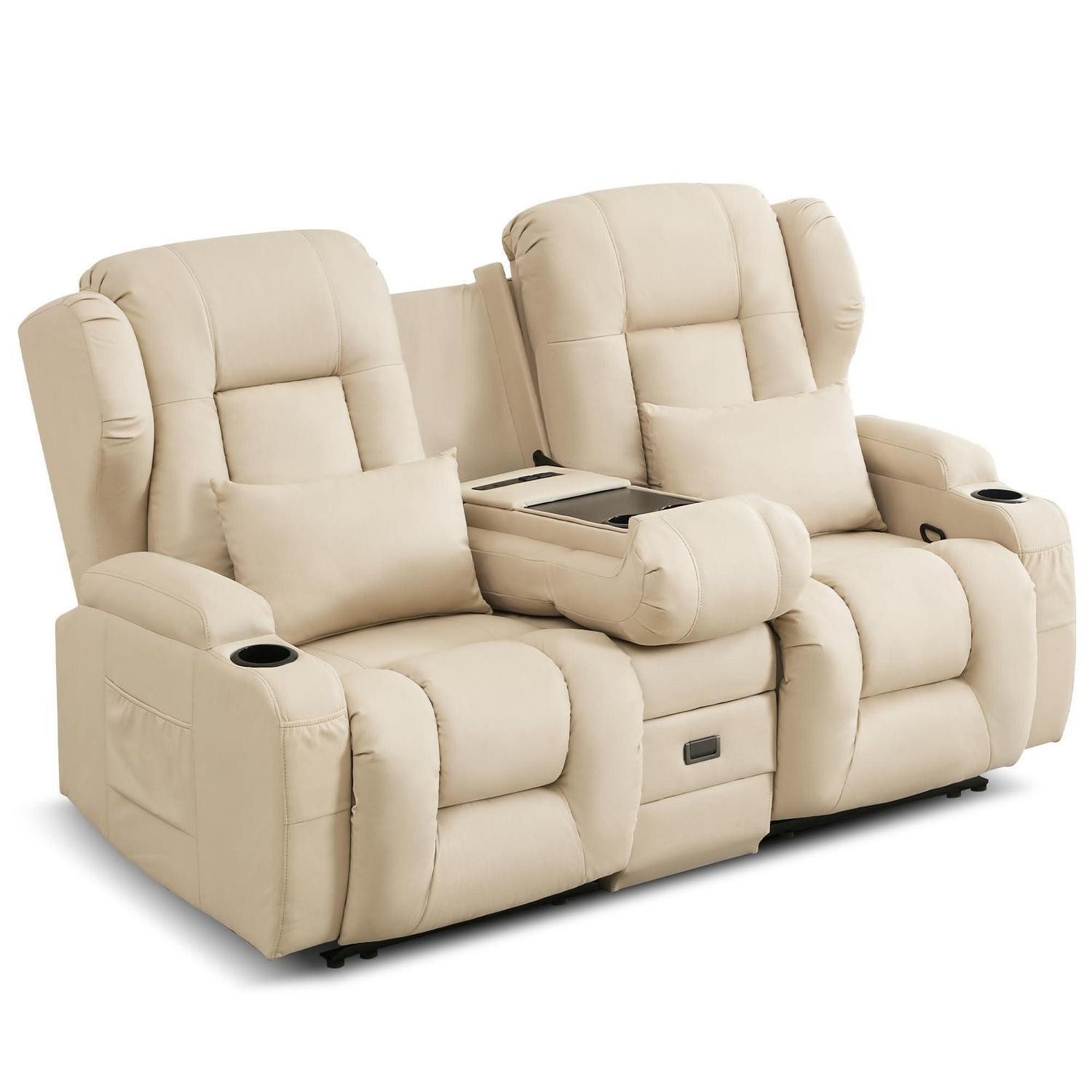 LuxusKollektion TV-Sessel Relaxsessel Zweisitzer Leathaire Beige Klappbare Mittelkonsole