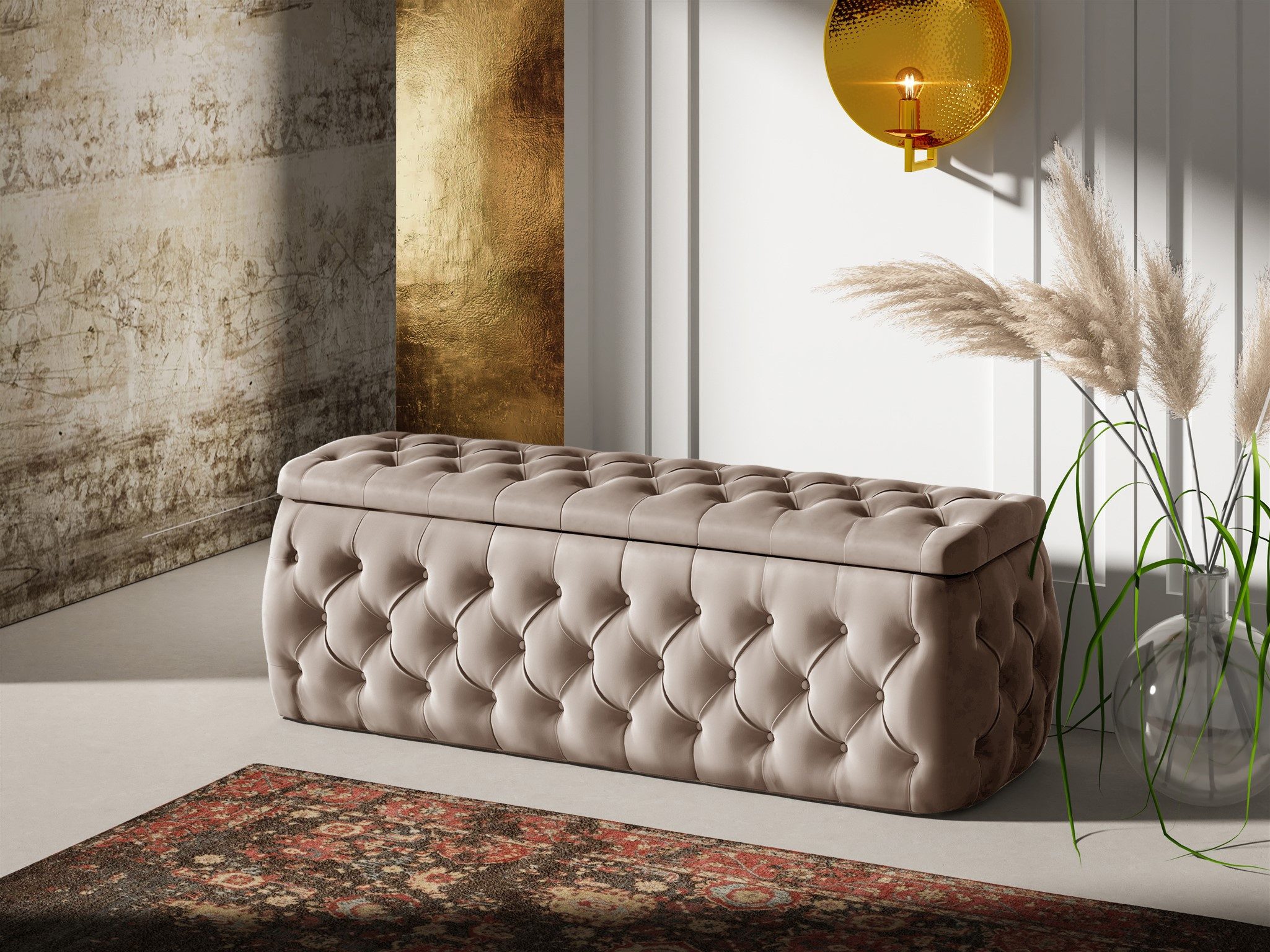 Fun Möbel Boxbett Schlafzimmerbett ERNESTO Nr.4 in Stoff Elisa Velvet (inkl. Topper, inkl. Bettkästen), inkl. 2 x Nachttisch mit Glasplatte, Polsterhocker und LED-Beleuchtung
