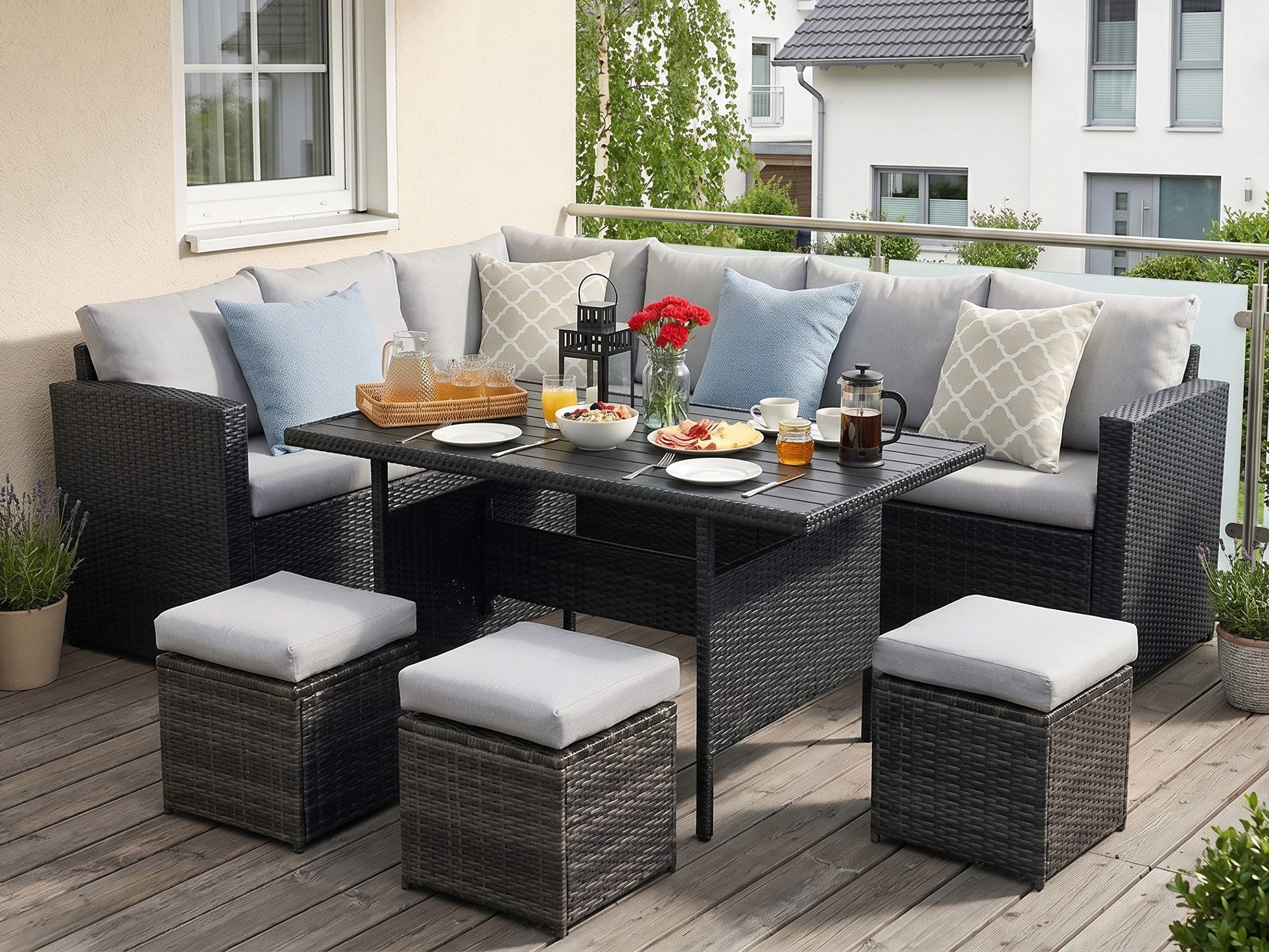MeXo Gartenlounge-Set Lounge Gartenmöbelset für 8-10 Personen, (Outdoor Garten-Essgruppe, 7-tlg., 8 cm breitere Armlehnen, pflegeleichte Polywood-Tischplatte), Belastbarkeit pro Sitzplatz bis zu 140kg, für Terrasse Garten