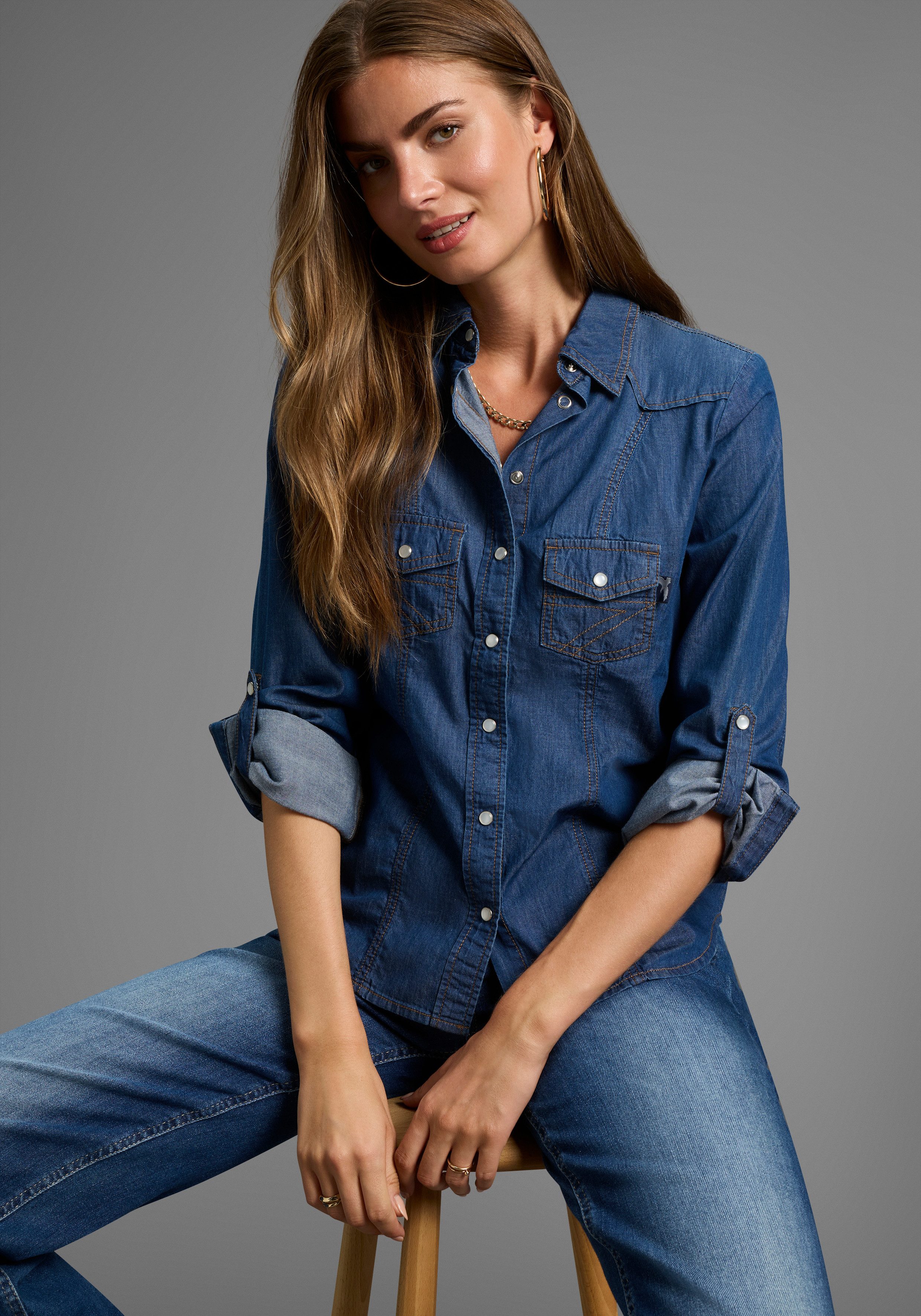 Arizona Jeansbluse mit Druckknöpfen in Perlmuttoptik und Krempelärmeln günstig online kaufen