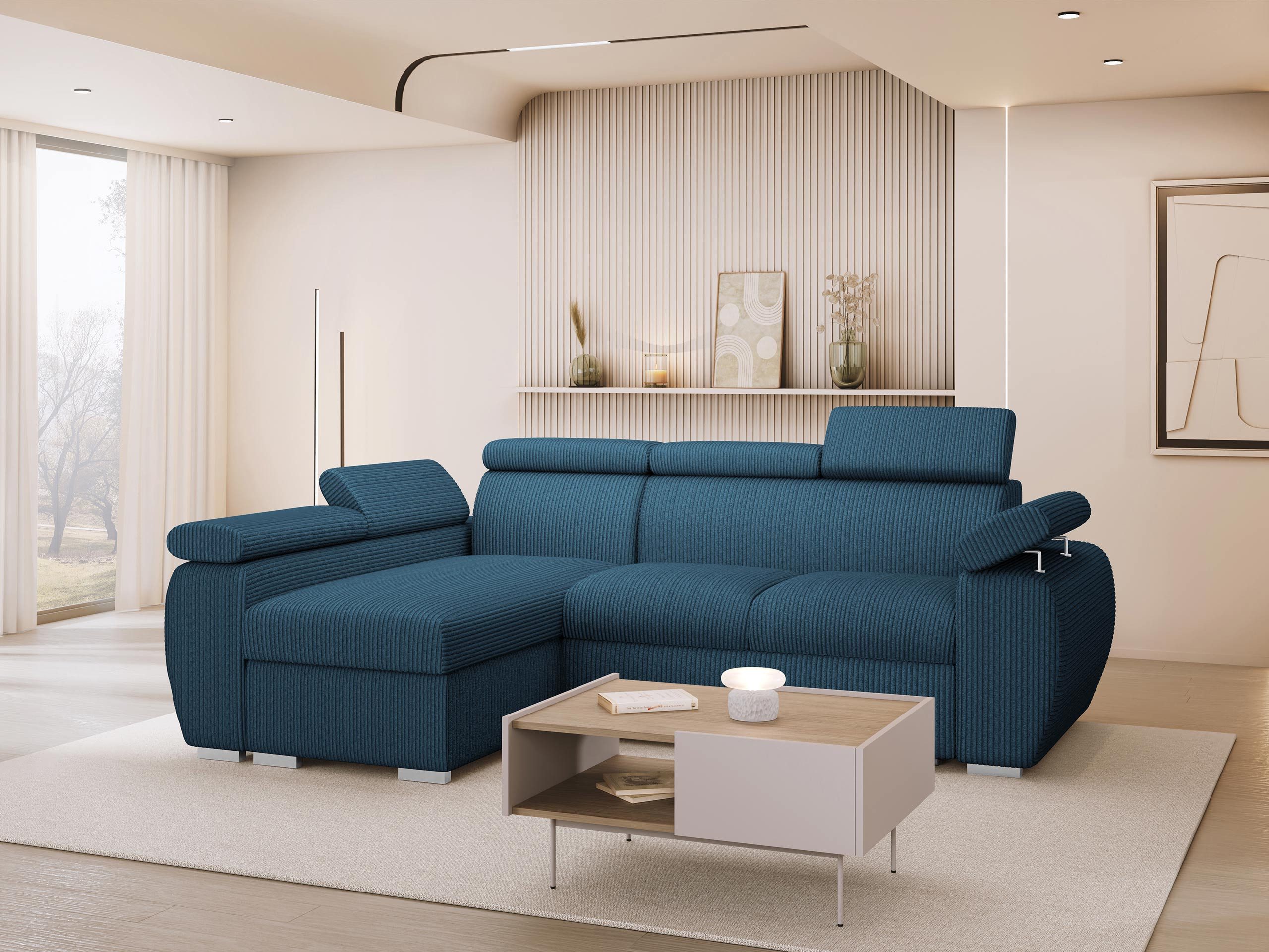 MIRJAN24 Ecksofa Boston Mini Premium Cord 2RLC, mit Bettkasten und Schlaffunktion, Verchromte Metallfüße, Einstellbare Kopfstützen