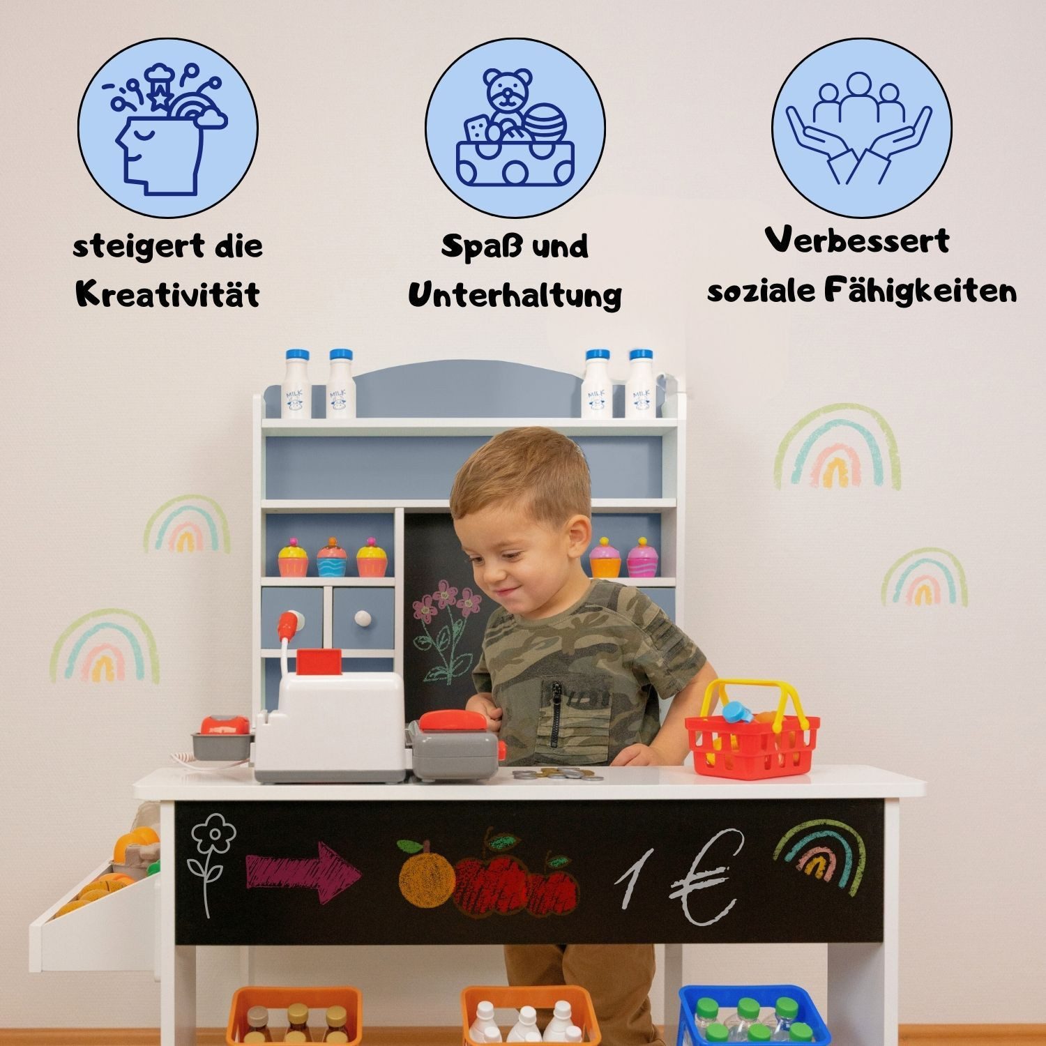 Coemo Kaufladen NICOLA, Grau Verkaufsstand Kaufmannsladen Holz mit Theke Kreidetafel Schublade