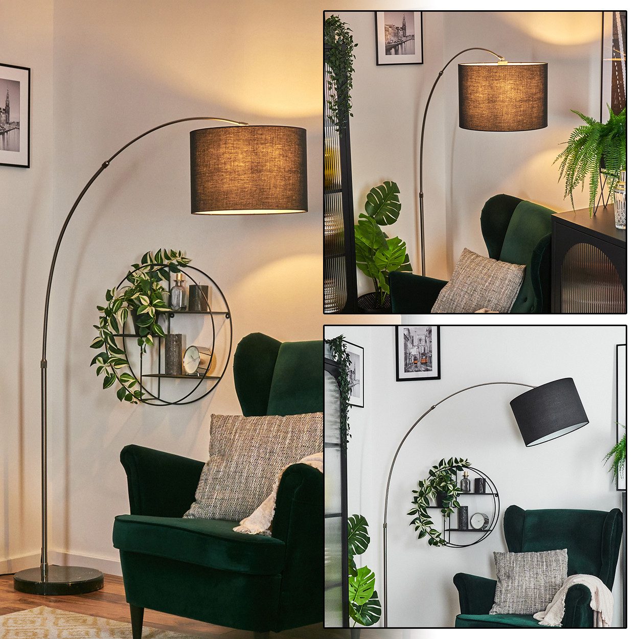 hofstein Bogenlampe Stehlampe mit Marmorfuß aus Metall/Stoff in Nickel-matt/Schwarz/Weiß, verstellbare Stehleuchte im modernen Design mit Fußschalter, E27