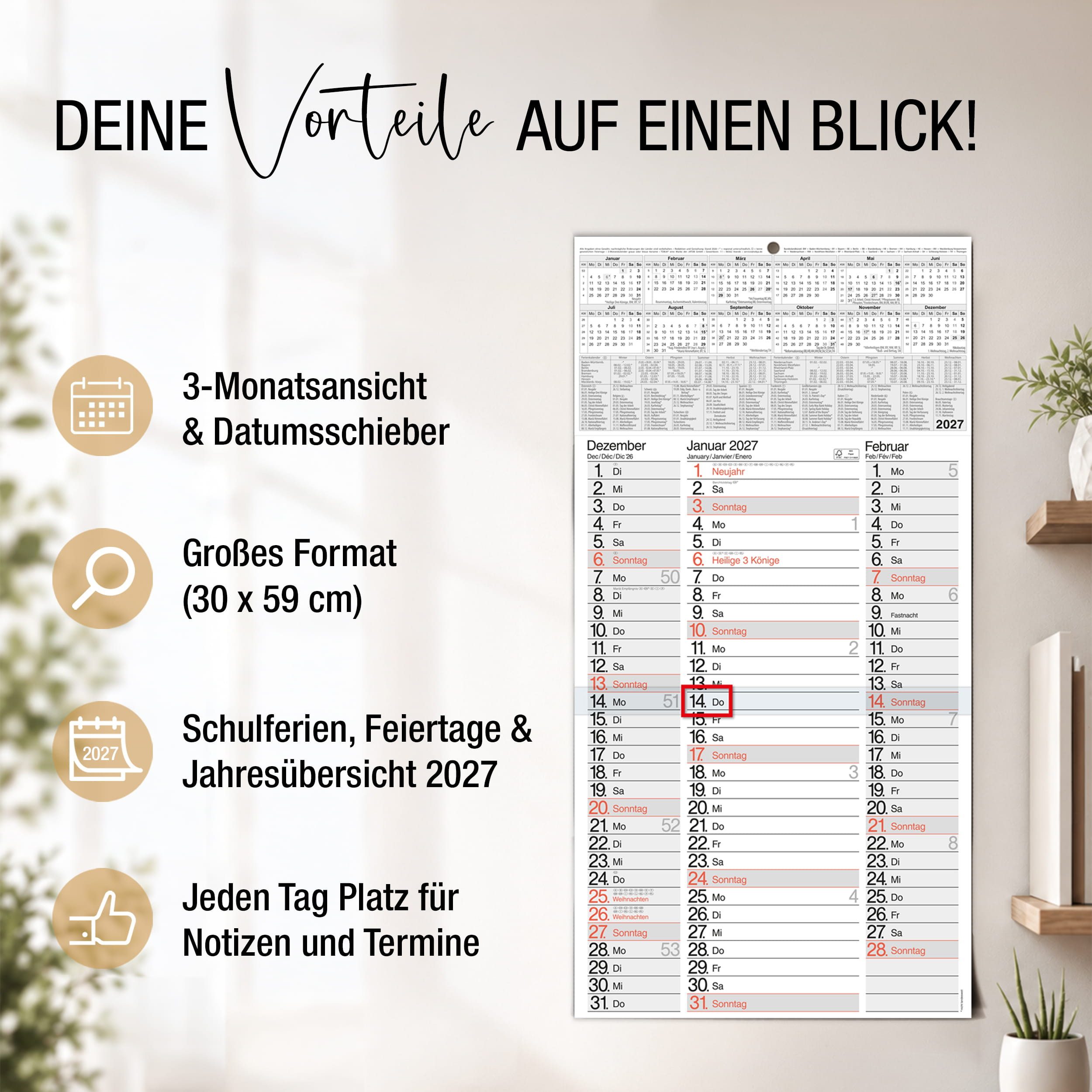 TOBJA Wandkalender 3 Monatskalender 2027 Nebeneinander mit Notizen 30x59 cm FSC, Nebeneinander, Notizplatz pro Tag, Datumsschieber, 4-sprachig, FSC