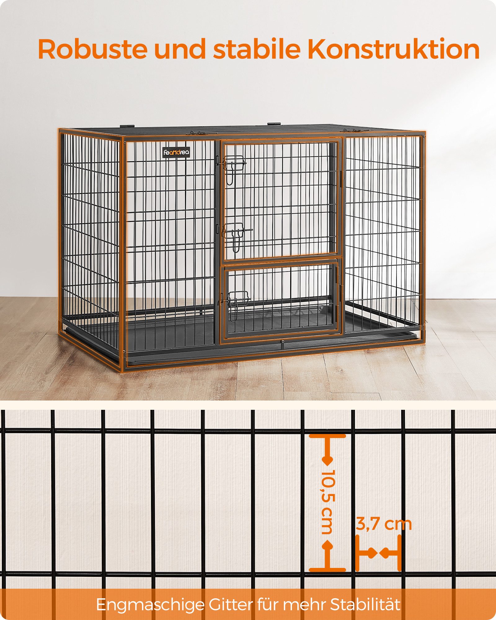 FEANDREA Hunde-Transportbox Hundekäfig hochbelastbar, Gitterbox, transportabler Haustierkäfig, für mittelgroße, große Hunde, Welpenauslauf, XXL, 122 x 75,5 x 80,5 cm