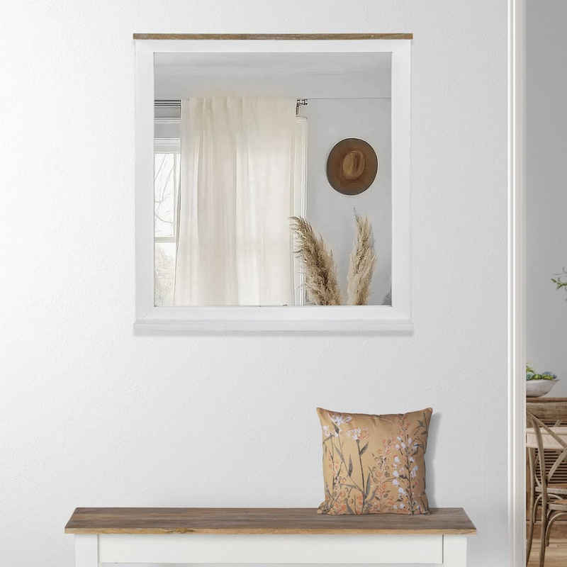 WOMO-DESIGN Wandspiegel Xi'an Holzspiegel Flurspiegel Badspiegel Schminkspiegel, Natur/Weiß 80x76cm Rechteckig Unikat Mangoholz Landhaus-Stil