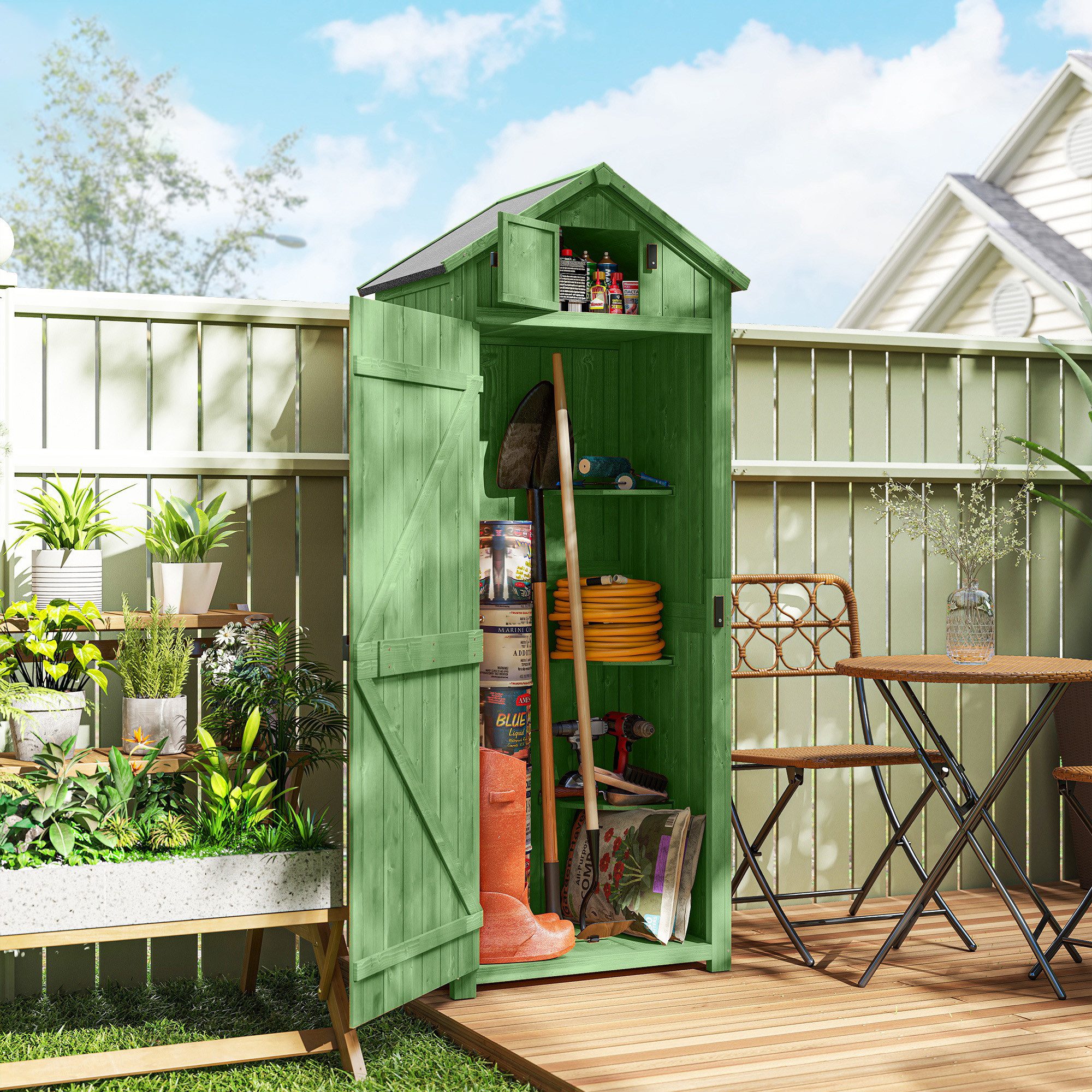 Outsunny Gerätehaus mit 3 abnehmbar Ablage, abschließbar Tür, Asphalt-Satteldach, Fenster, BxT: 77x54.2 cm, (Gartenschrank, 2 St., Geräteschuppen), für Garten Terrasse Grün