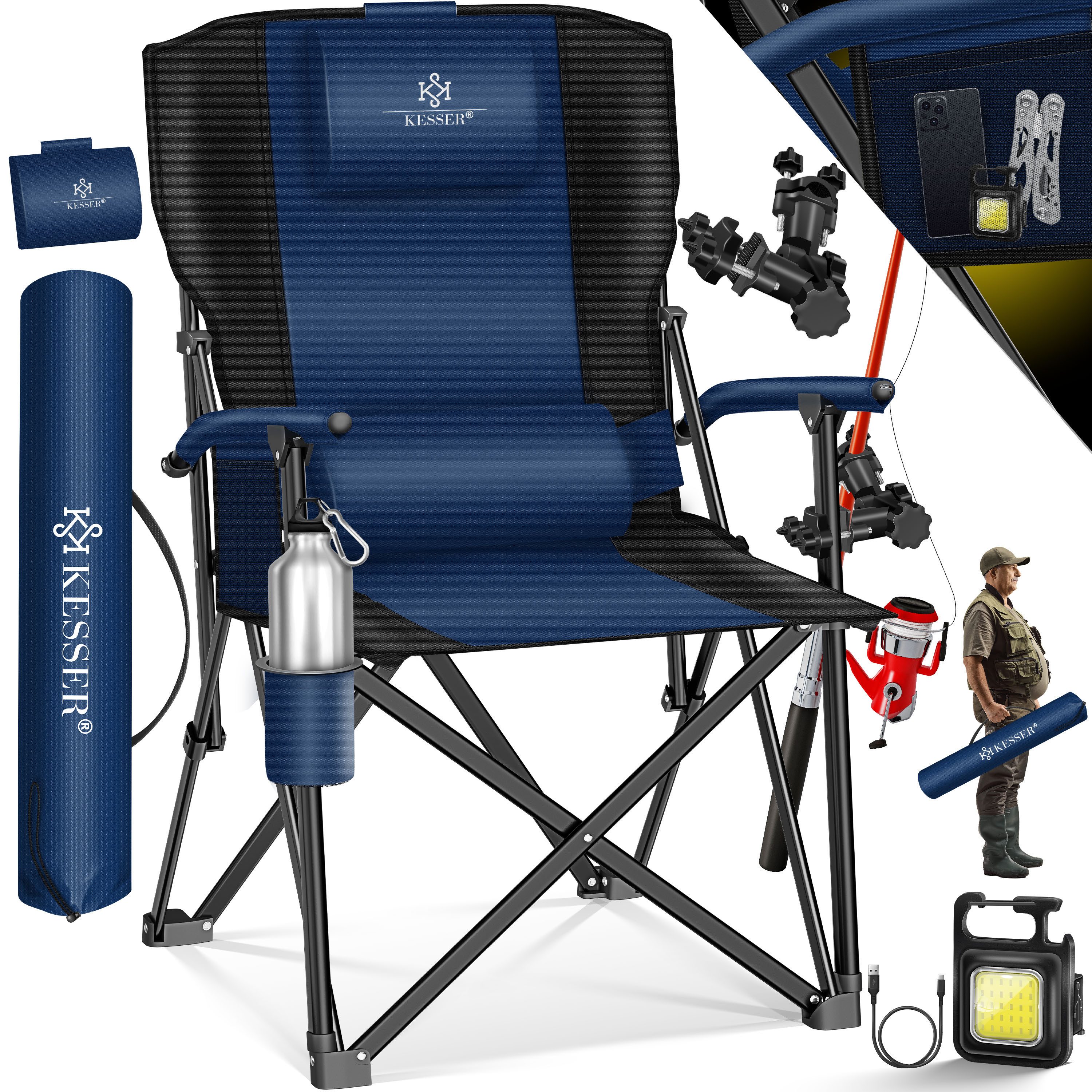 KESSER Campingstuhl (Strandstuhl mit hoher Rückenlehne + Tasche), Campingstuhl Inkl. Campinglicht, Angelhalterung und Getränkehalter