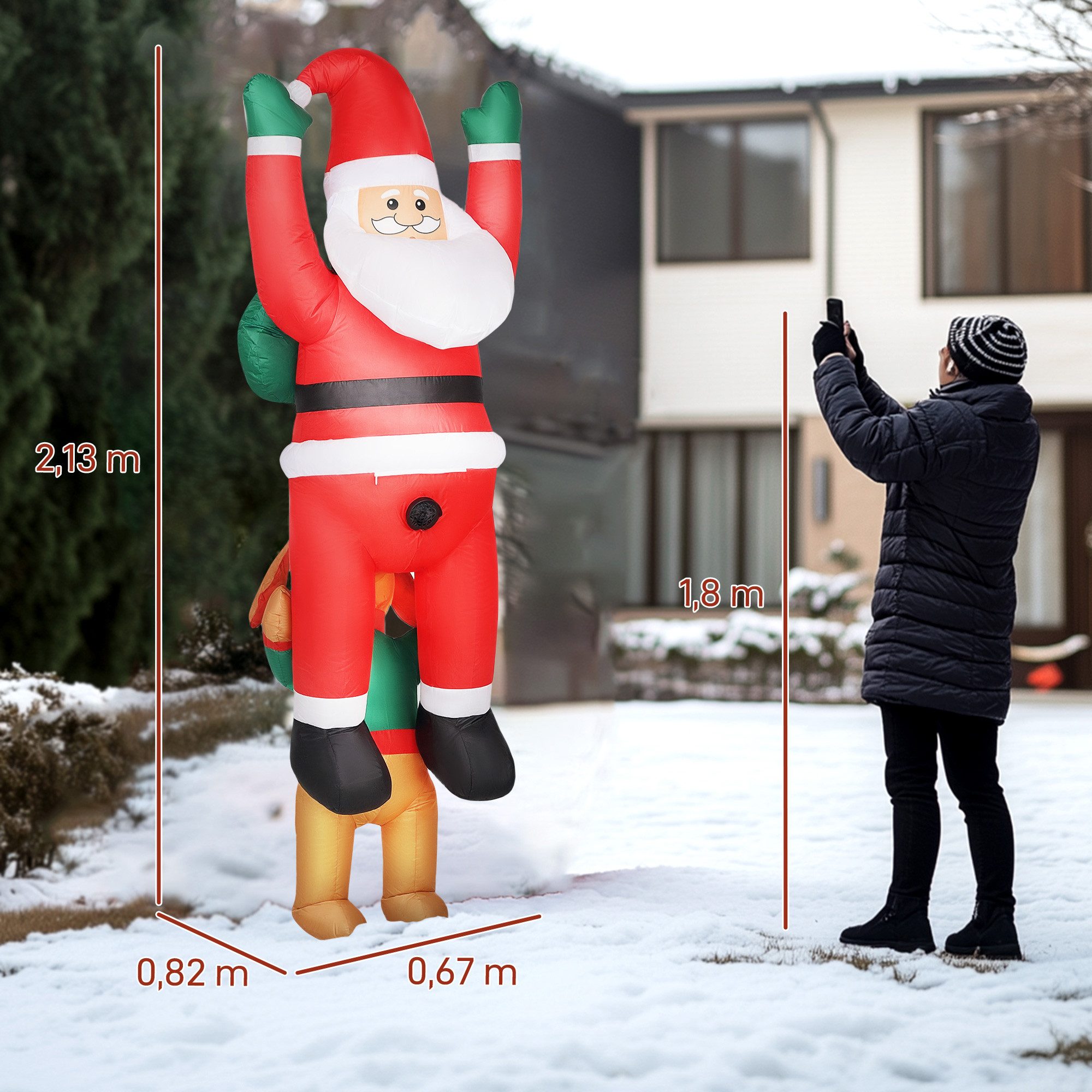 Outsunny Weihnachtsfigur Aufblasbar Weihnachtsdeko (Aufblasbare Weihnachtsdeko, 1 St., 2,14 m Aufblasbarer Weihnachtsmann mit Hund), mit LED-Lichtern, für Innen- und Außenbereich, Rot