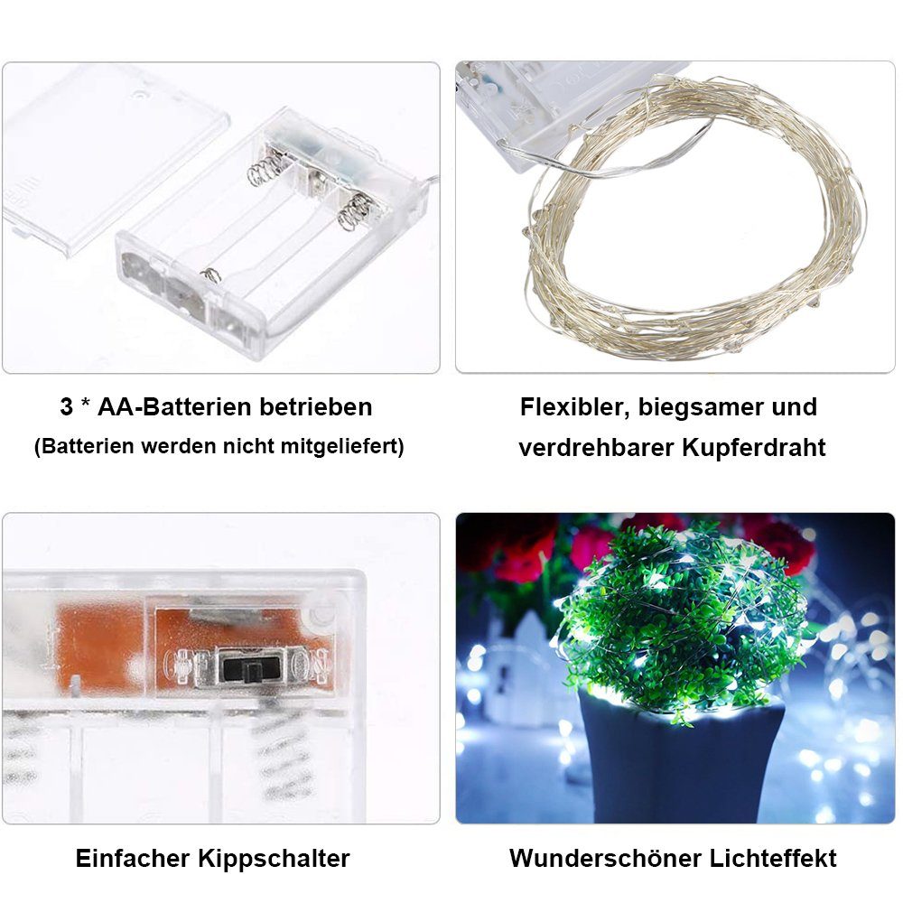 Party Hochzeit Kaltweiß 2/3/5/10M, für Kupferdraht, Sunicol LED-Lichterkette AA-Batterie, Weihnachten