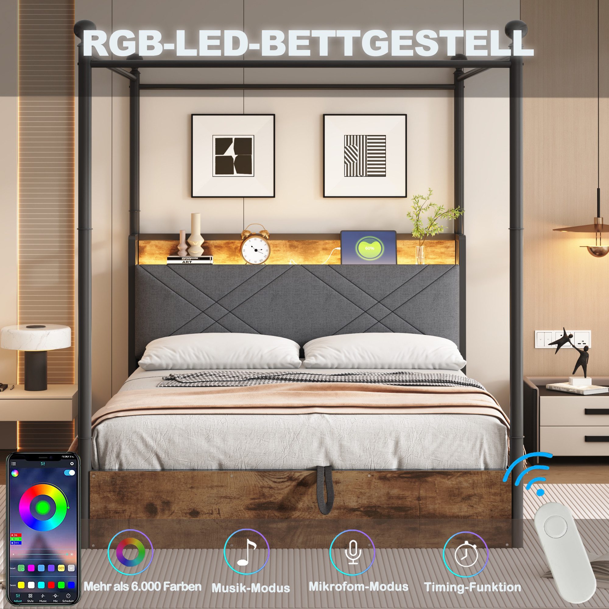 Flieks Himmelbett, Hydraulisches Stauraumbett Metallbett 140x190cm mit LED günstig online kaufen