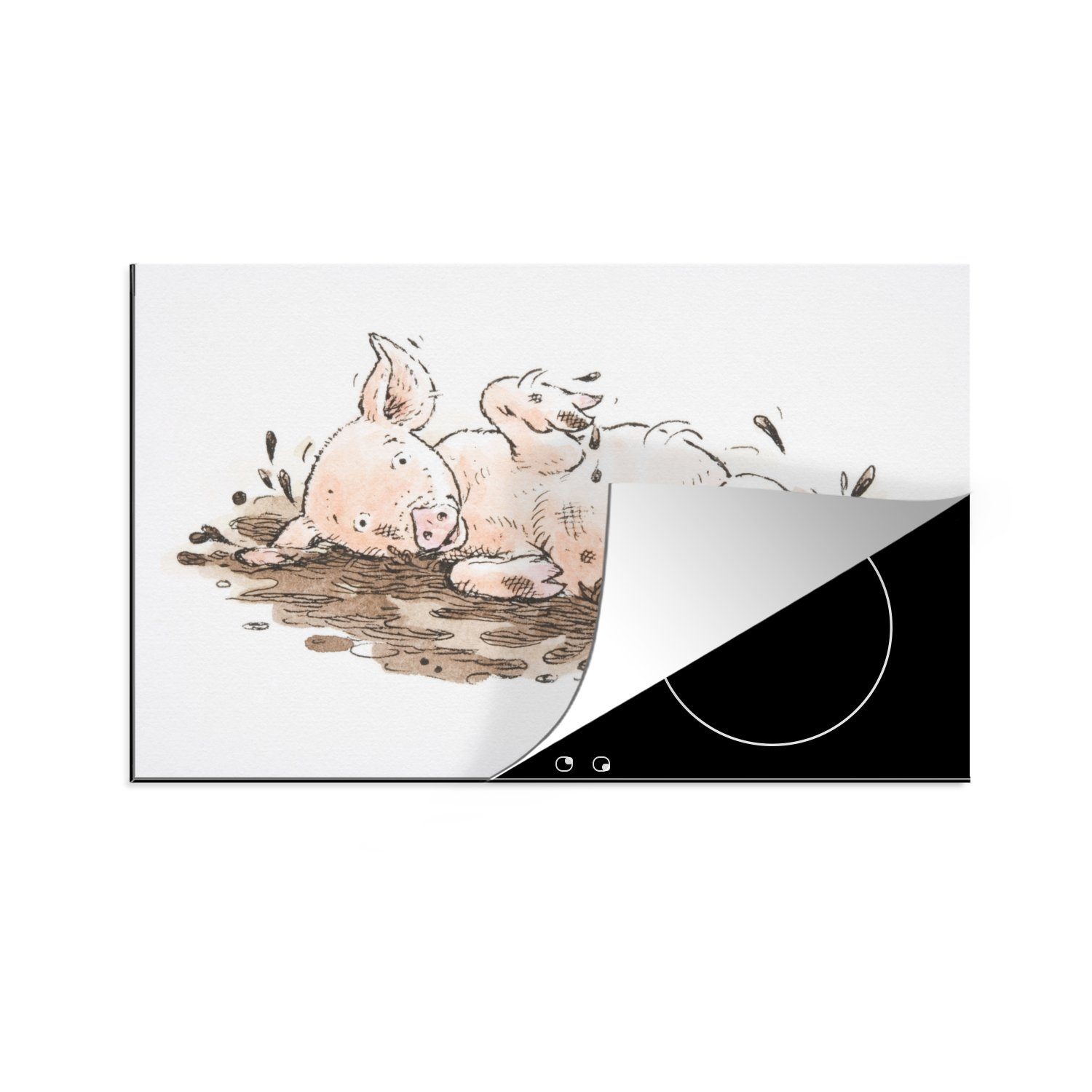 MuchoWow Herdblende-/Abdeckplatte Eine Illustration eines Ferkels im Schlamm, Vinyl, (1 tlg), 81x52 cm, Induktionskochfeld Schutz für die küche, Ceranfeldabdeckung