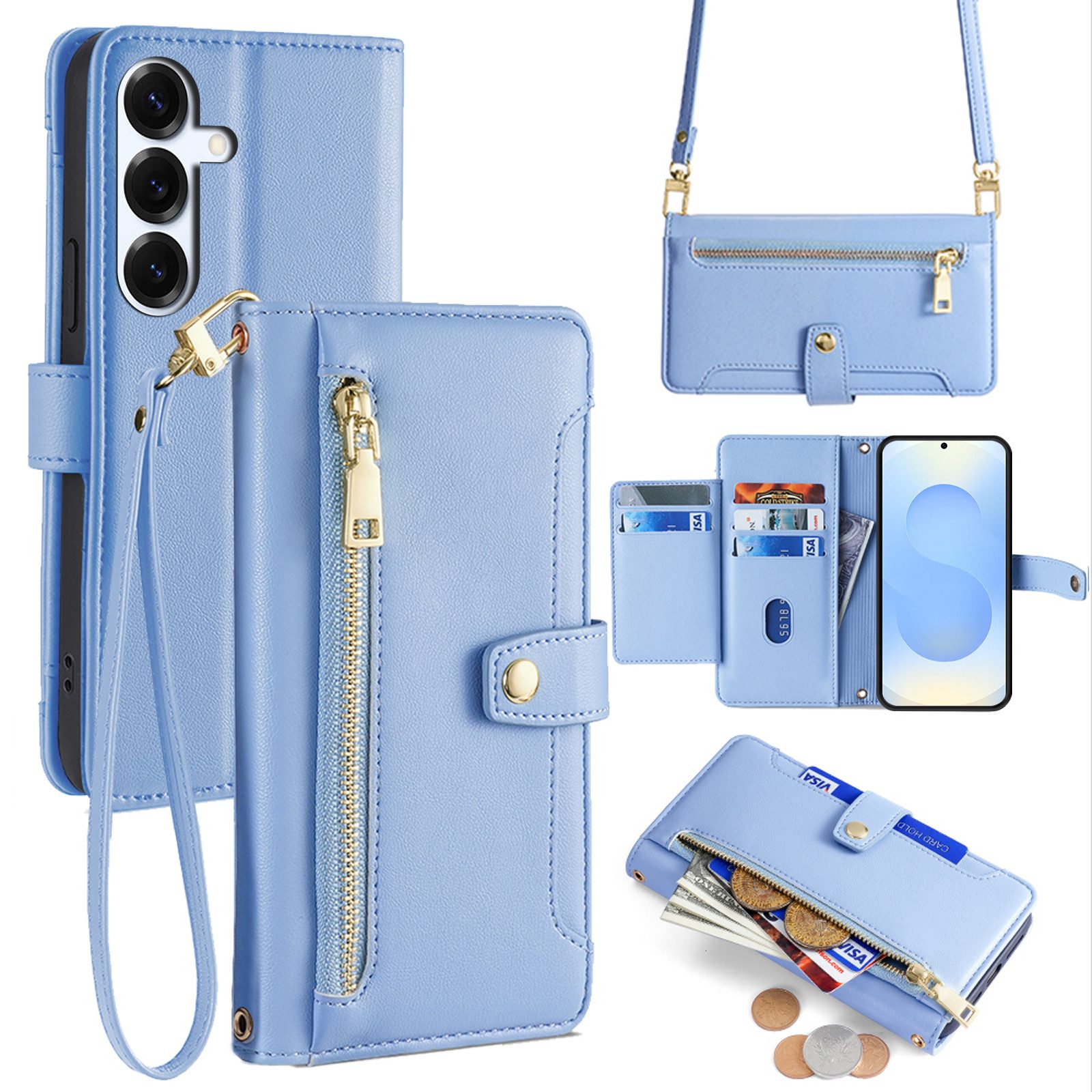 betterfon Handykette für Samsung Galaxy S25 Plus mit Band Kartenfächer PU Leder Hellblau, Hände frei – mit Silikonhülle & Schnur für flexiblen Alltag