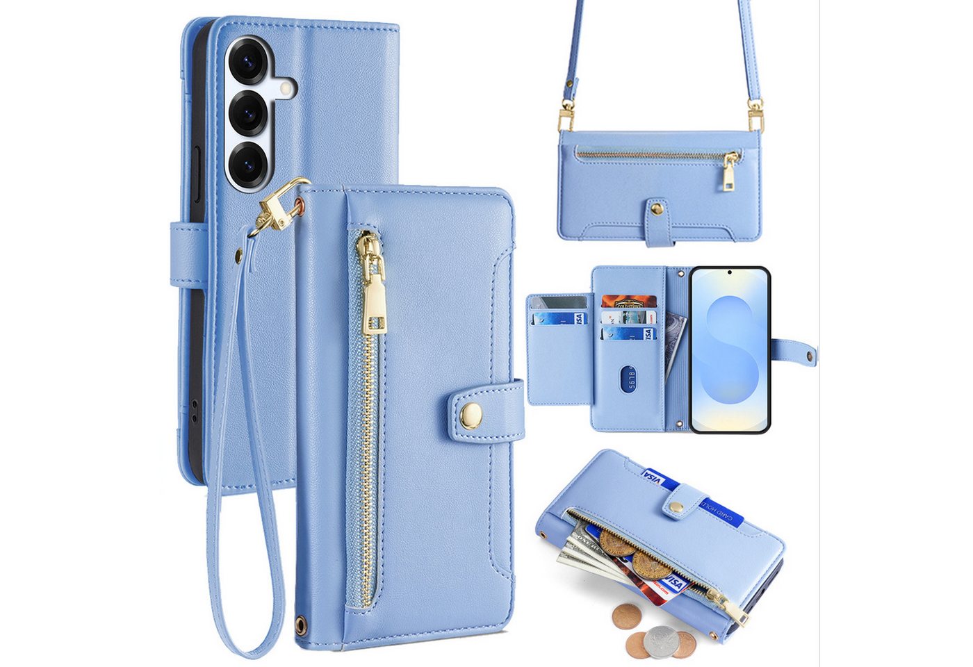 betterfon Handykette für Samsung Galaxy S25 mit Band Kartenfächer PU Leder Hellblau, Hände frei – mit Silikonhülle & Schnur für flexiblen Alltag
