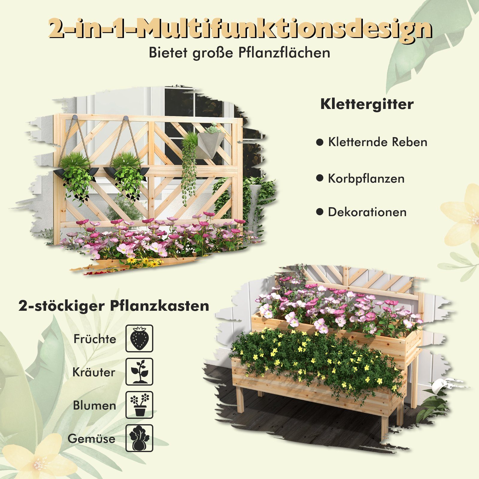 COSTWAY Hochbeet, mit Rankgitter, Spalier, Blumenkasten, aus Tannenholz, für Garten