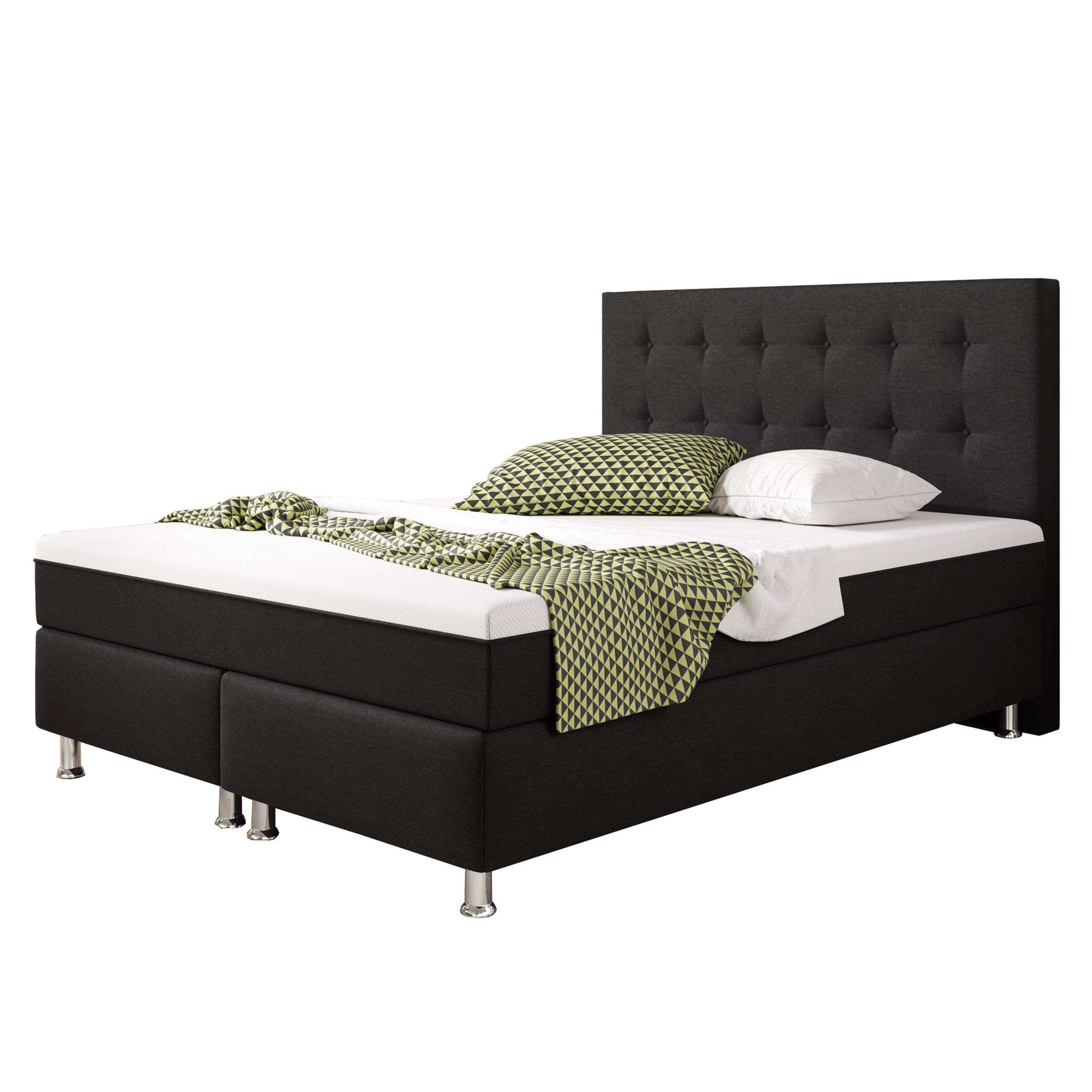 inter Boxspringbett Köln Plus 140x200 cm Webstoff (140x200 cm, Schwarz), inkl. Matratze mit Bezug in Topper-Optik
