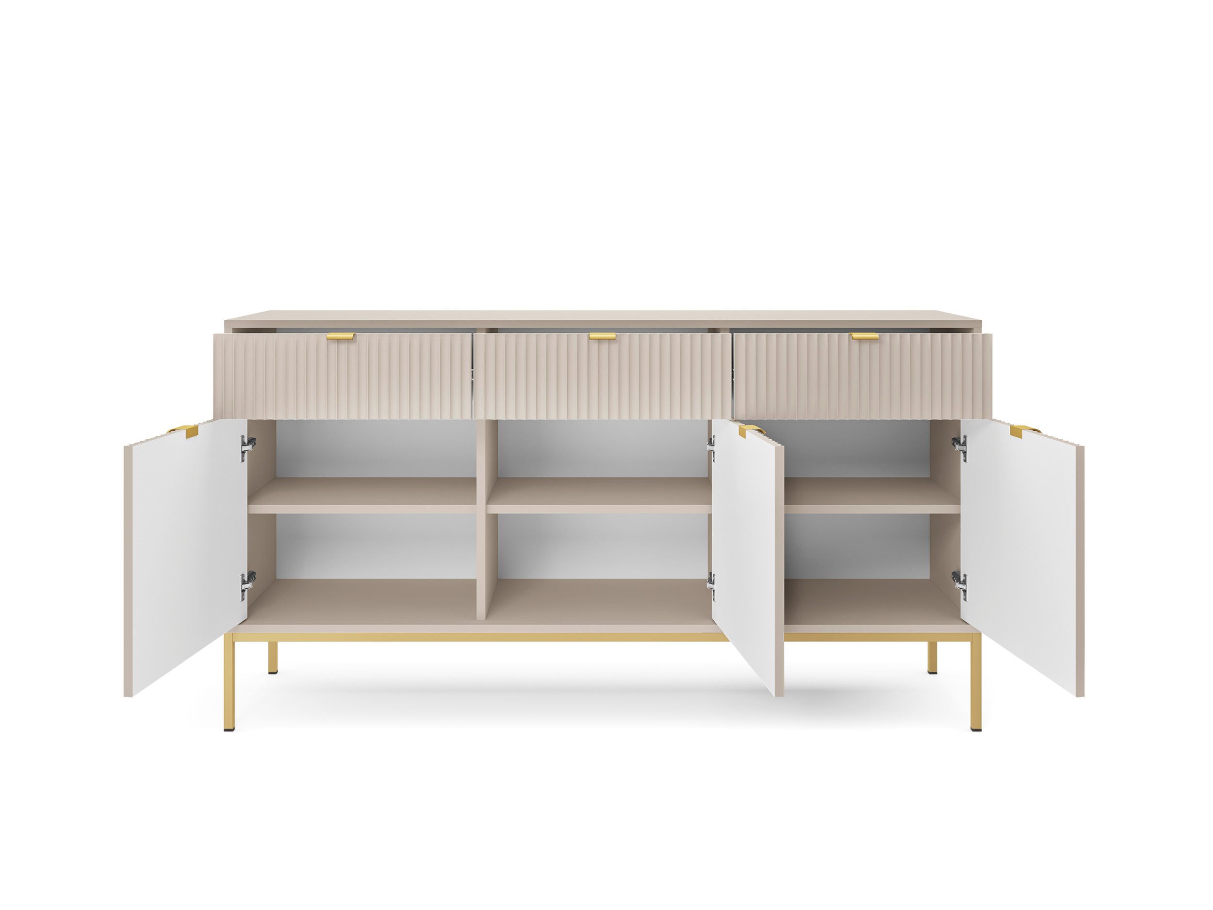 Goldstoff Kommode Milano 154 cm mit geriffelter Front und Metallrahmen (Moderner Schubladenschrank - für Wohnzimmer, Flur, Schlafzimmer), stabile Metallkonstruktion, Soft-Close