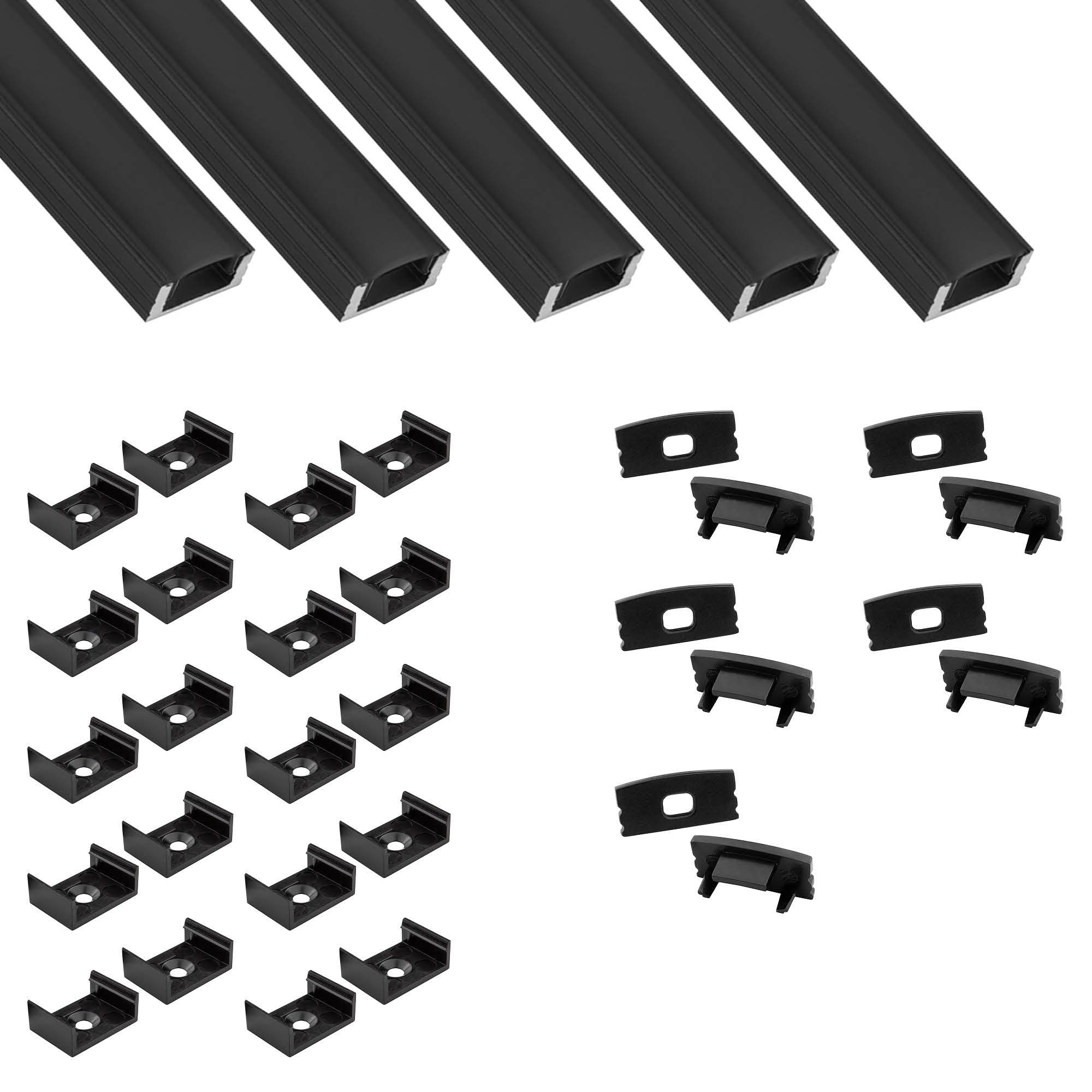 LED-Stripe-Profil 5x A17 LED Profil 2m - Schwarz inkl. Abdeckung, Halter & Endkappen