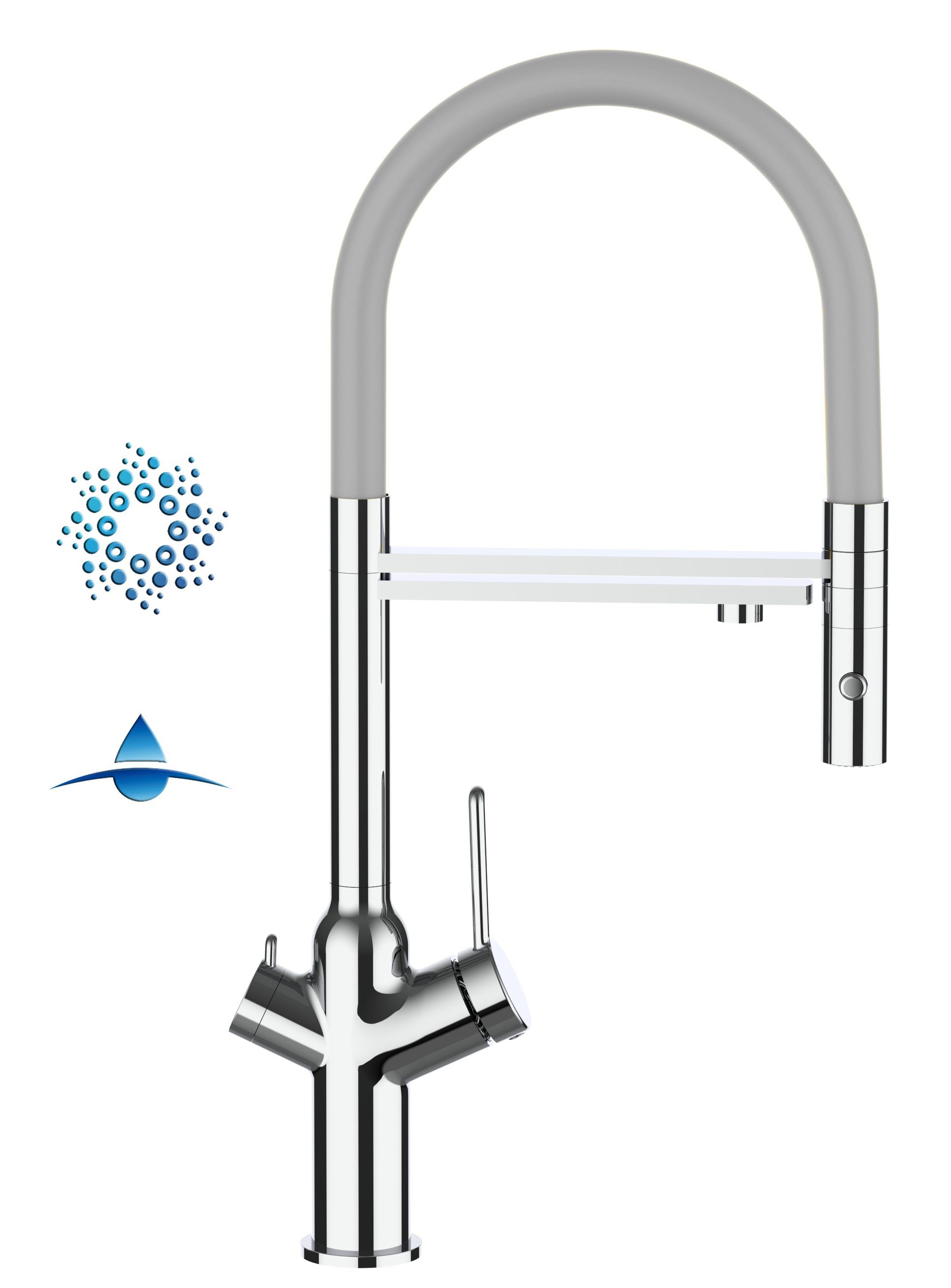 Filterwasser-Zulauf - Hochdruck, und schwenkbarem Küchenarmatur und 4 Hochwertige 2 Küchenarmatur abnehmbarer Wasserfiltersysteme mit Grau Verchromung, mit Abnehmbare 4-Wege VIZIO Brause Auslauf 360 Wege, für Umstellventil, Wege 2 Sprudelanlagen Chrom Strahl 2-strahl-Handbrause Separater °