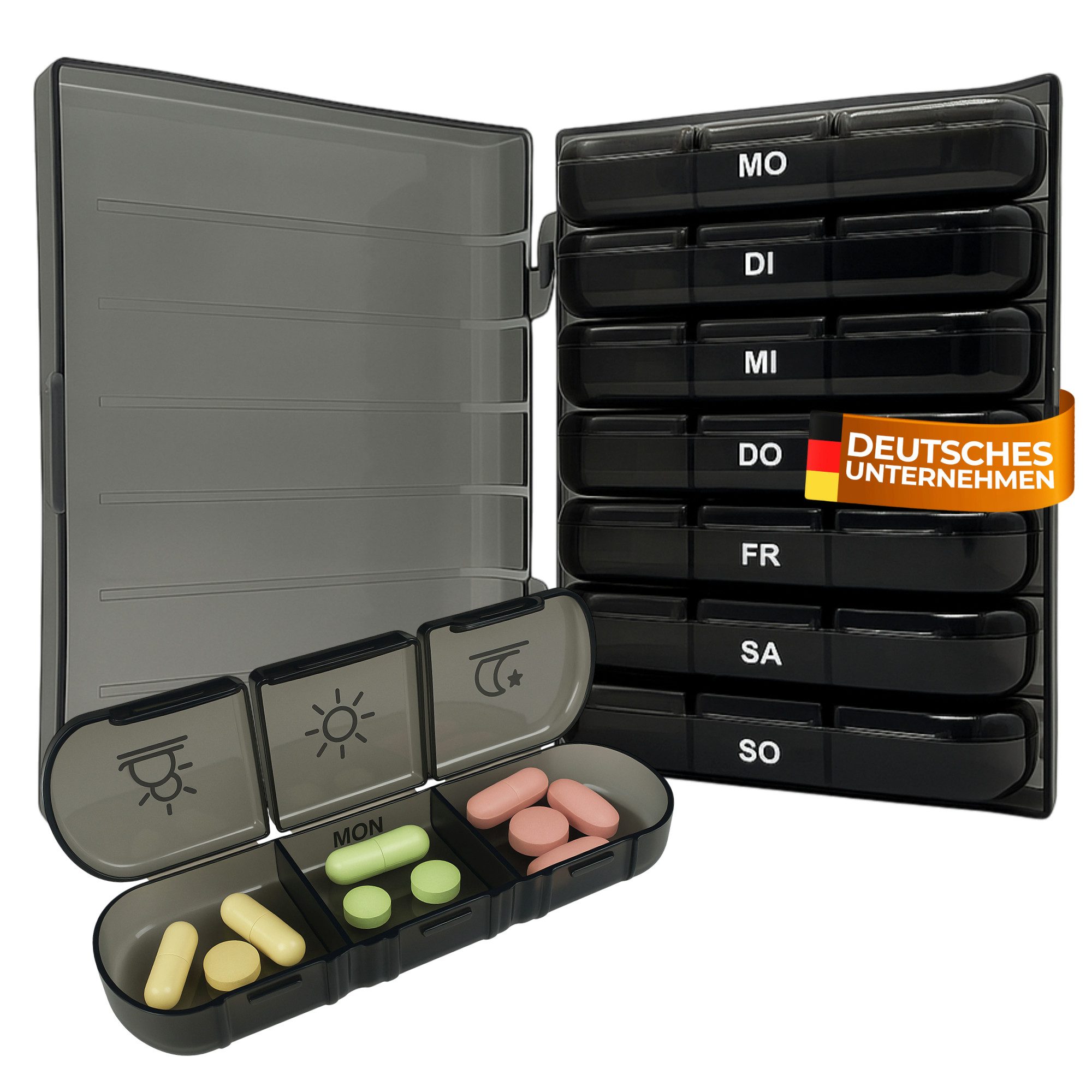 Senomed Pillendose Tablettenbox mit 3 Fächern pro Tag – Wochendosierer schwarz, Spülmaschinengeeignet bis 50 °C
