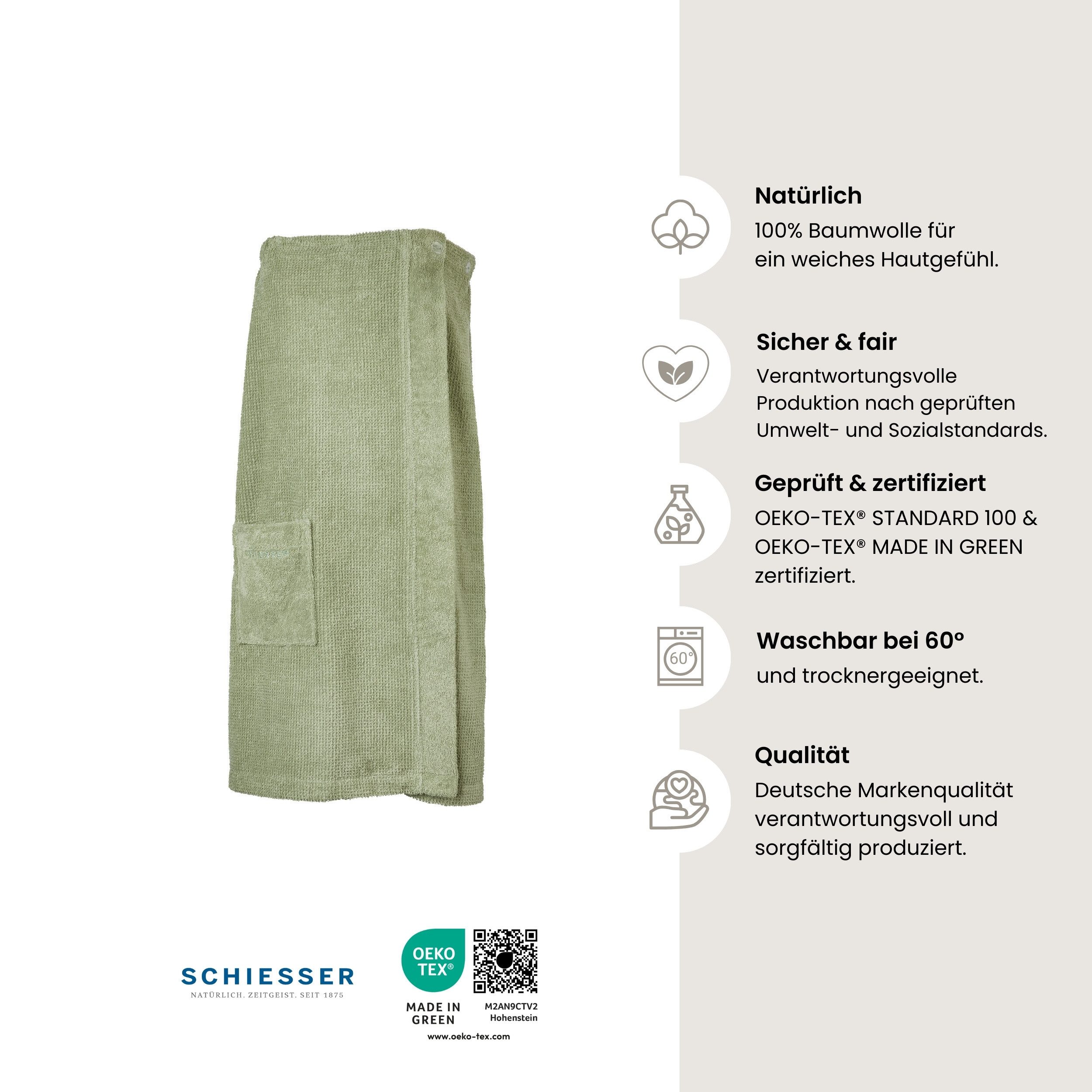 Schiesser Sarong Saunakilt Turin für Damen in angesagter Reiskornoptik, Frottier, Knöpfe, Made in Green