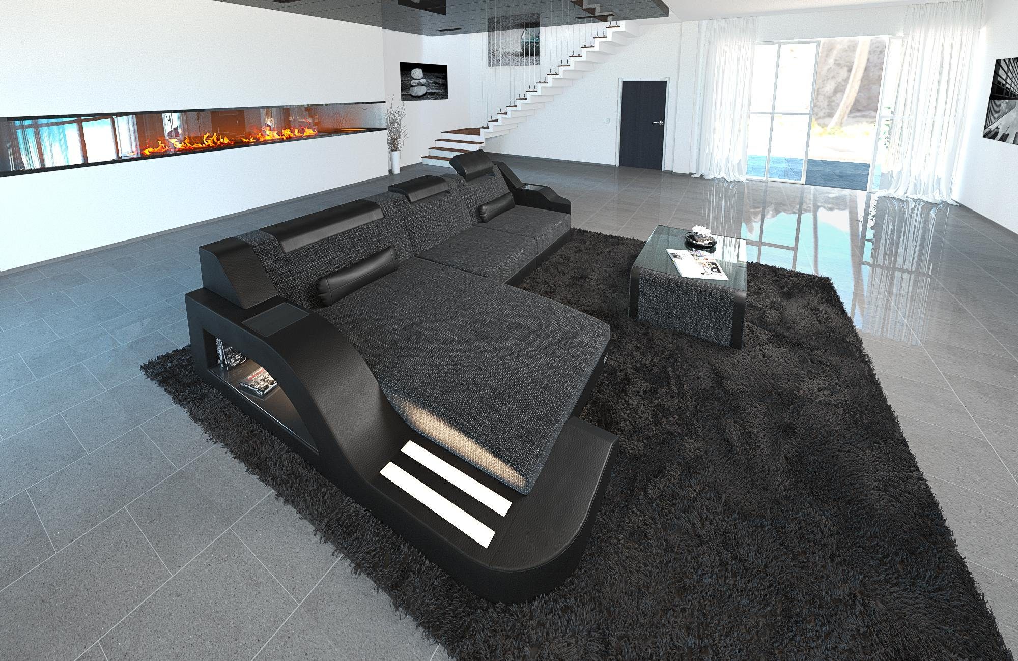 Sofa Dreams mit Ecksofa Polstersofa Palermo H12 ausziehbare L Designersofa Stoff Form, Bettfunktion, LED, Schwarz Grau-Schwarz Stoffsofa Couch