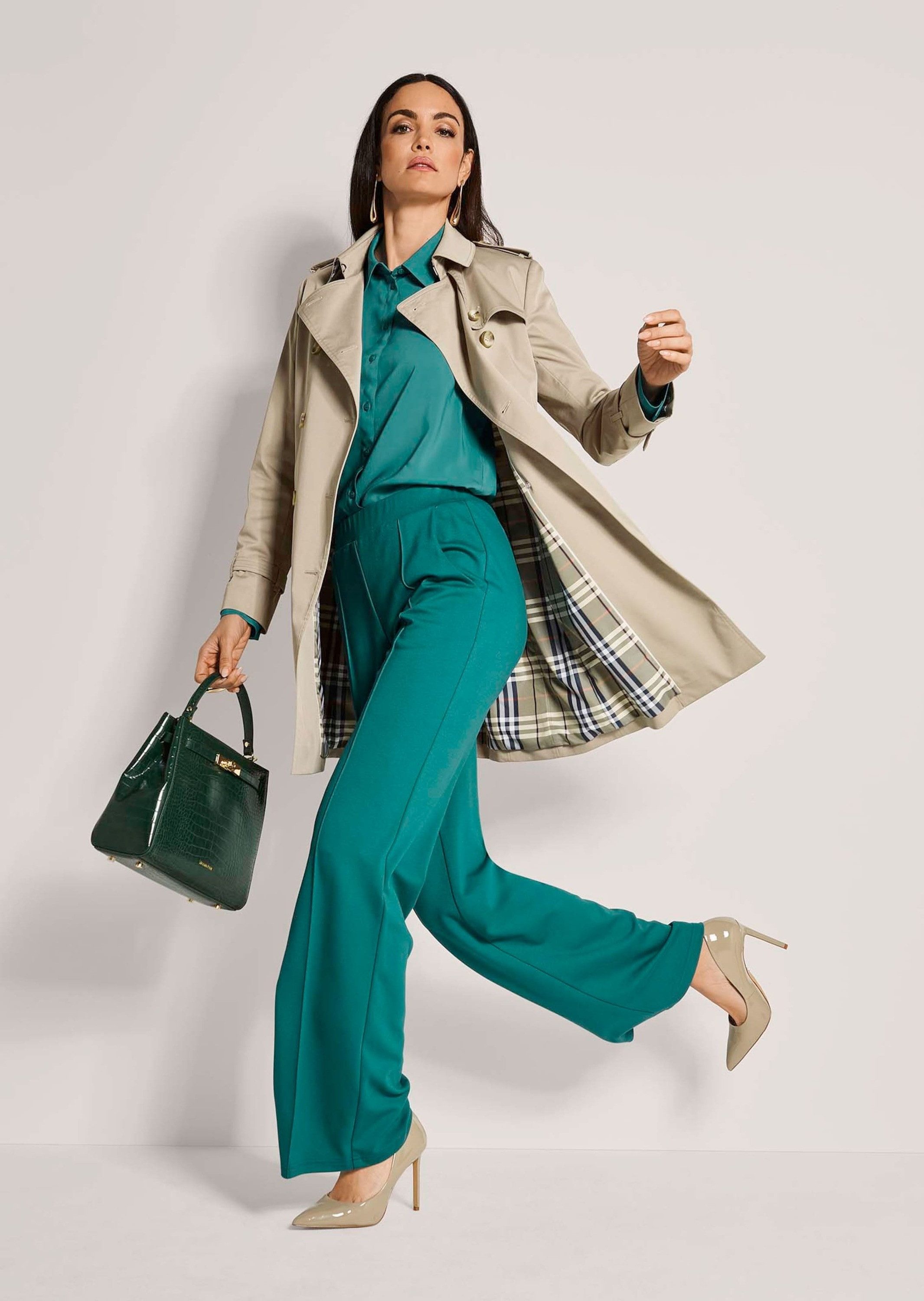 MADELEINE Trenchcoat Langarm Trenchcoat mit Bindegürtel Zweireihiger Kurzmantel mit Karofutter und Gürtel, Hemdkragen