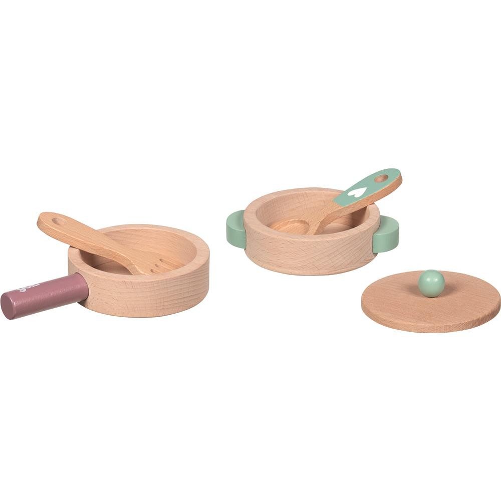 goki Spielgeschirr Kochset Kinderküche Holz Spielküche Zubehör Küchenliebe 5-teilig Set, 5-teiliges Kochset für Kinderküche und Rollenspiele
