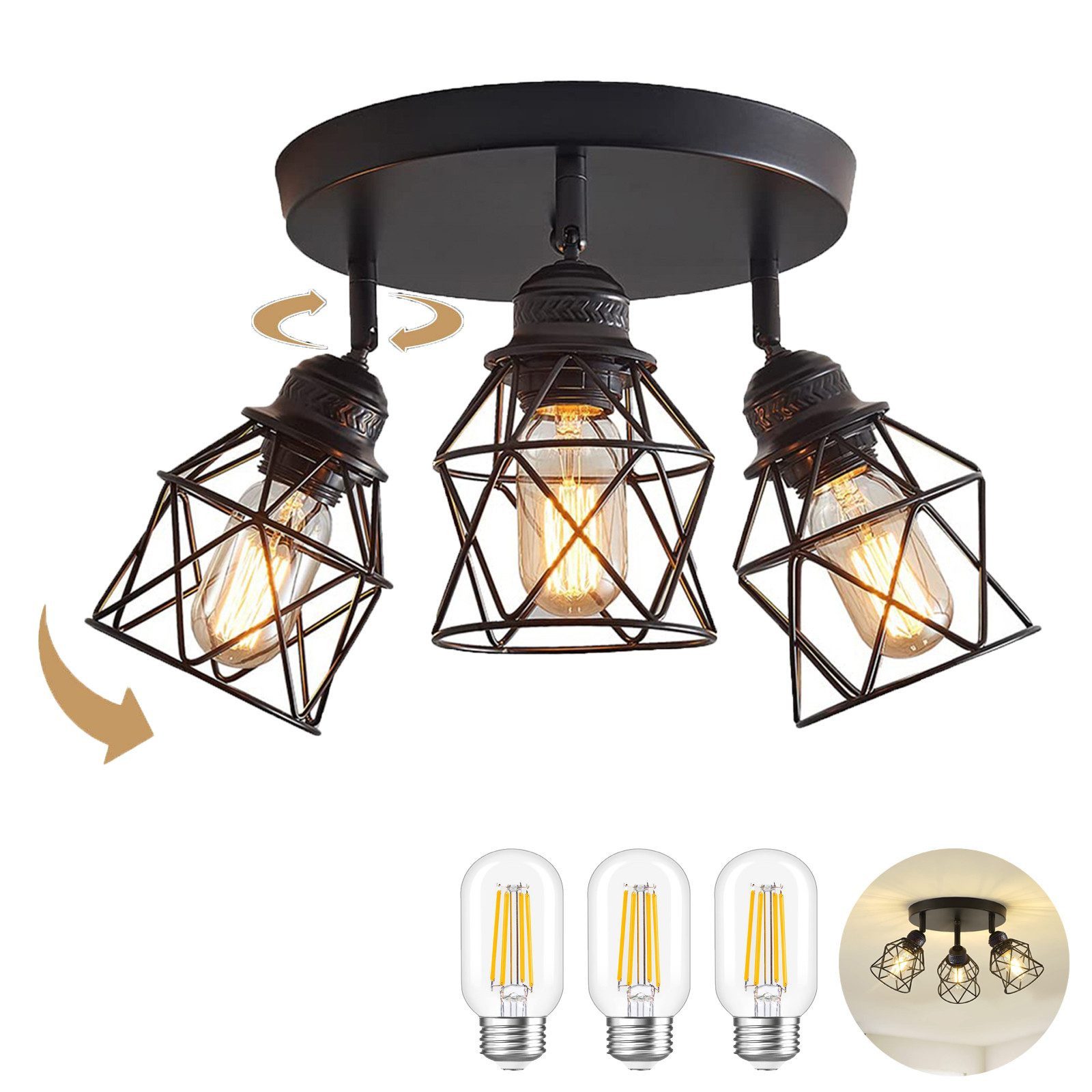 feinlux LED Deckenspots E27 3 Flammig LED-Deckenstrahler Modern Deckenlampe, LED fest integriert, Warmweiß, 360°Schwenkbar Mit 3 LED-Leuchtmitteln, LED fest integriert