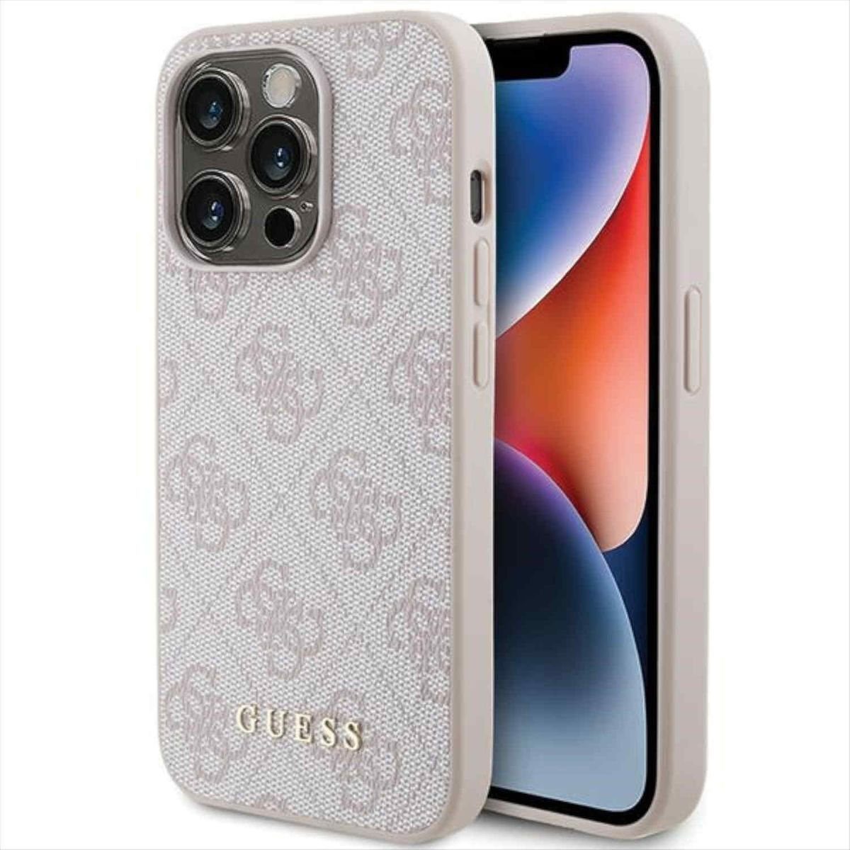 Smartphone-Hülle Guess Apple iPhone 15 Pro Schutzhülle Case 4G Metal Gold Logo Pink