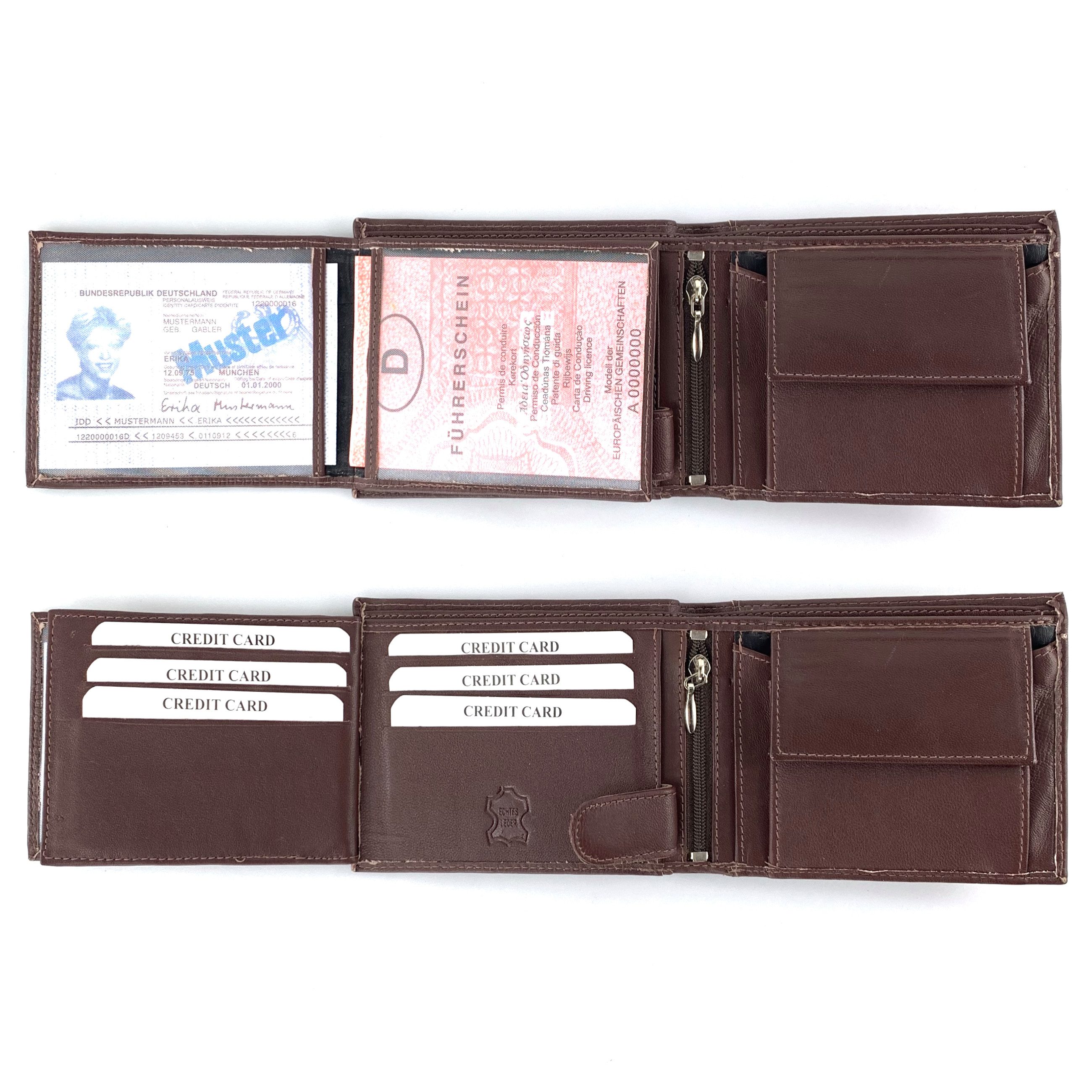 L&B Geldbörse + RFID-Schutz & 7 Kartenfächer, Leder Portemonnaie >2648< Geldbeutel, Druckknopffach & Reißverschlussfach + 3 Sichtfächer