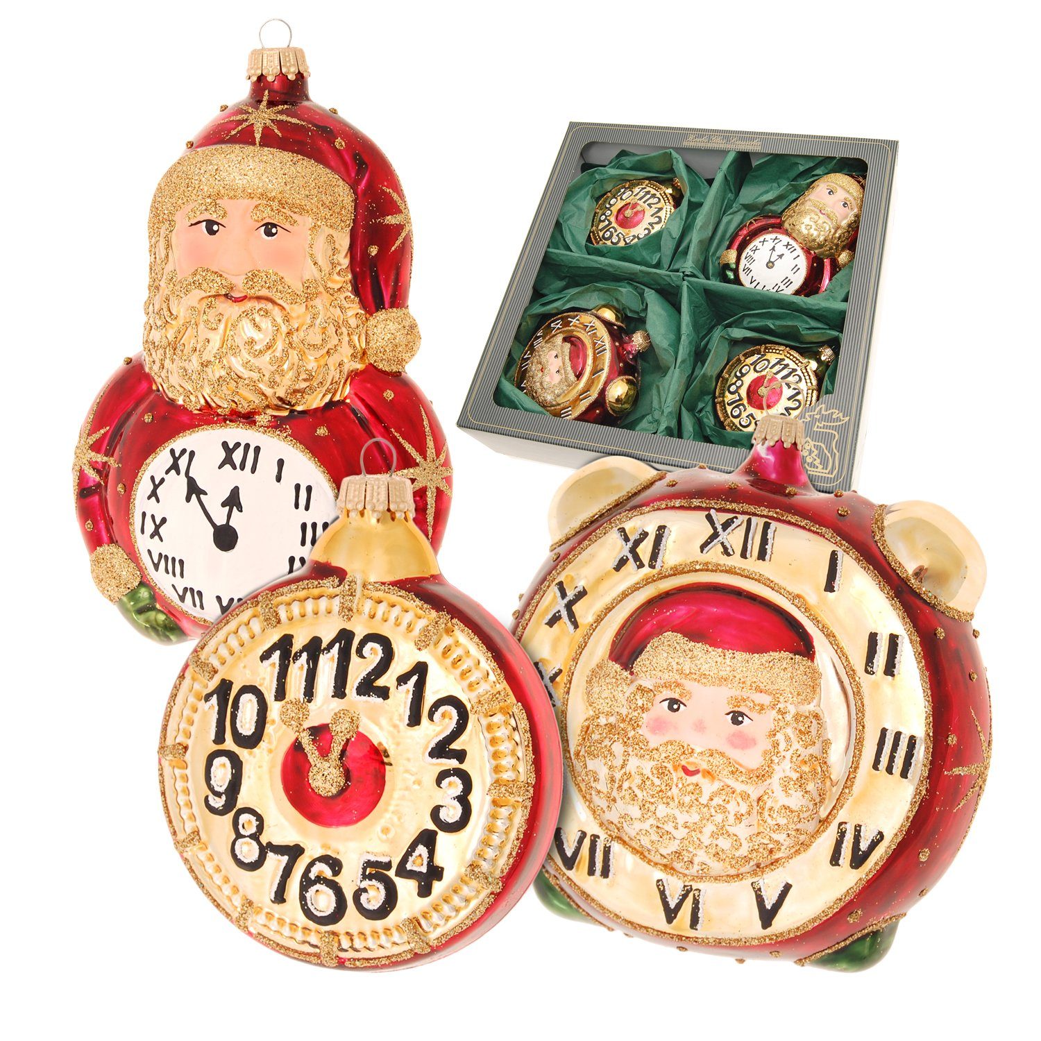 Krebs Glas Lauscha Christbaumschmuck Burgund/Gold 7-15cm Sortiment Santa und Uhren, Glasornamente, mundgebl (4-tlg)