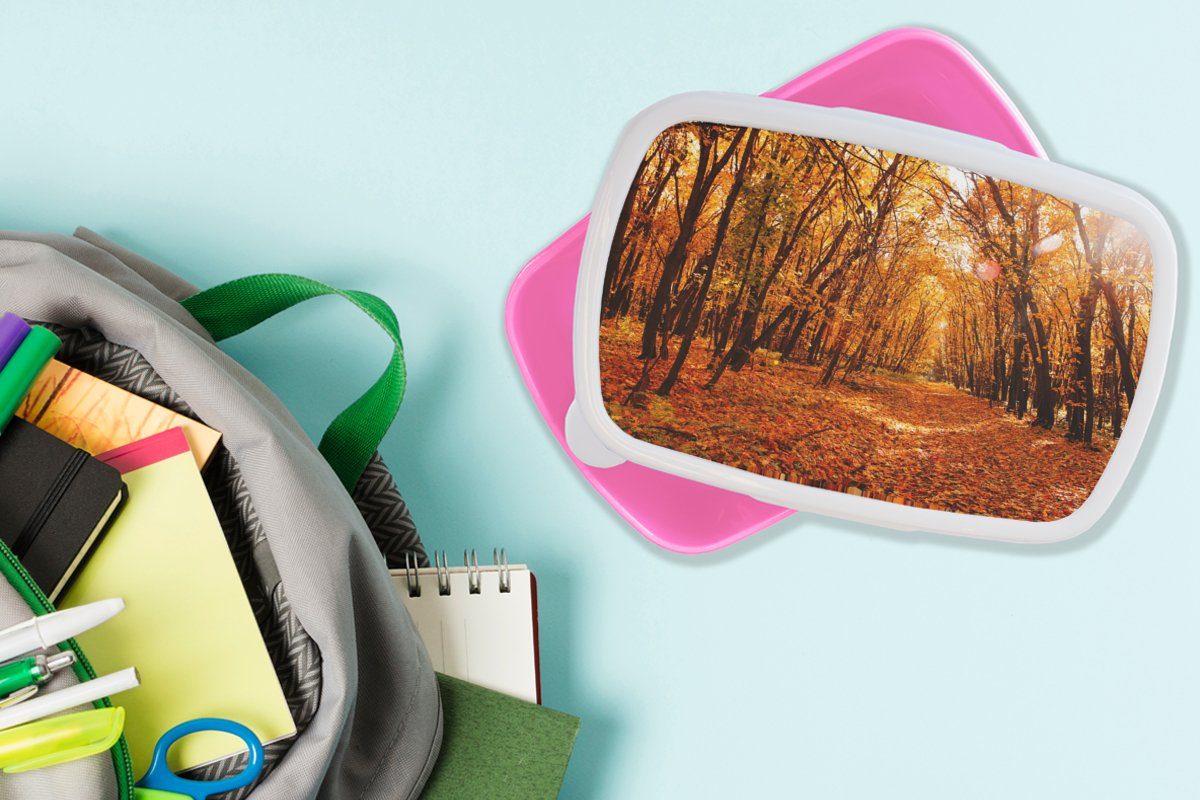 Lunchbox Kinder, Brotbox - Kunststoff Brotdose Laub - Snackbox, Wald für rosa - Mädchen, Kunststoff, Erwachsene, MuchoWow Jahreszeiten, Herbst (2-tlg),
