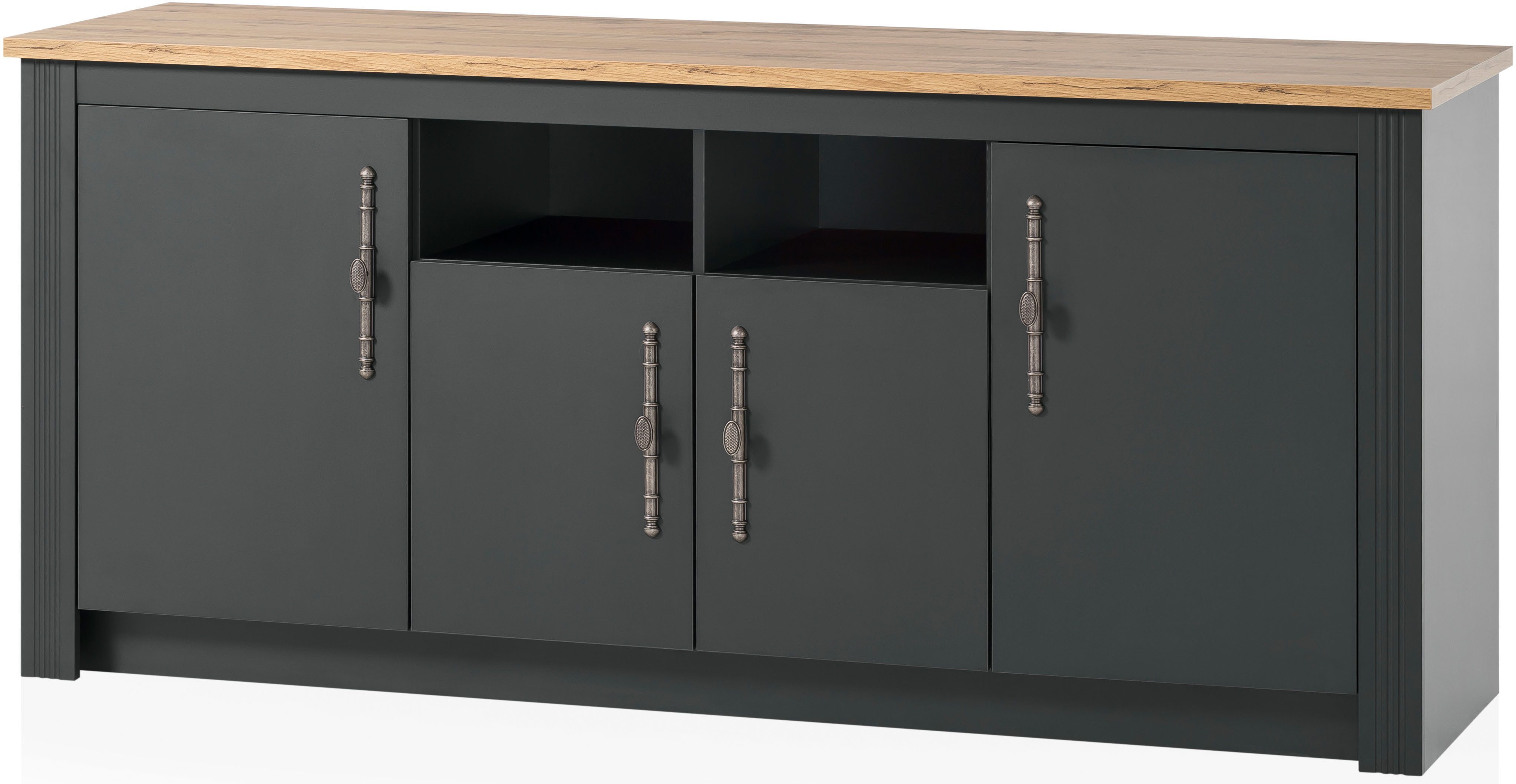 OTTO home Küchenzeile KS-Westminster, Pantryküche im Landhaus Stil, hochwertige Metallgriffe, (Set), Breite 268 cm, Sideboard, Wandpaneel, Hängeschrank und Herdumbau