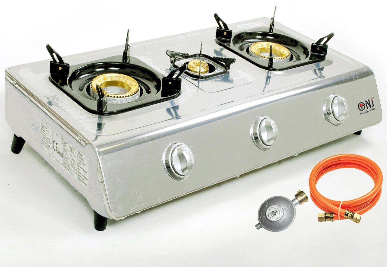 NJ The right choice Gaskocher NGB-300, (Gas Camping mit Zubehör), Edelstahl Gaskocher 3 flammig Propan Campingkocher