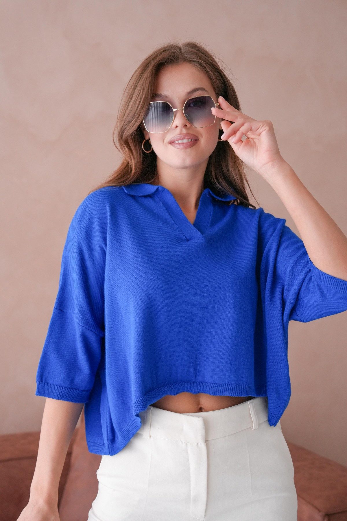 WOMAN VISION Blusentop Oversize-Crop-Damenbluse mit Polokragen