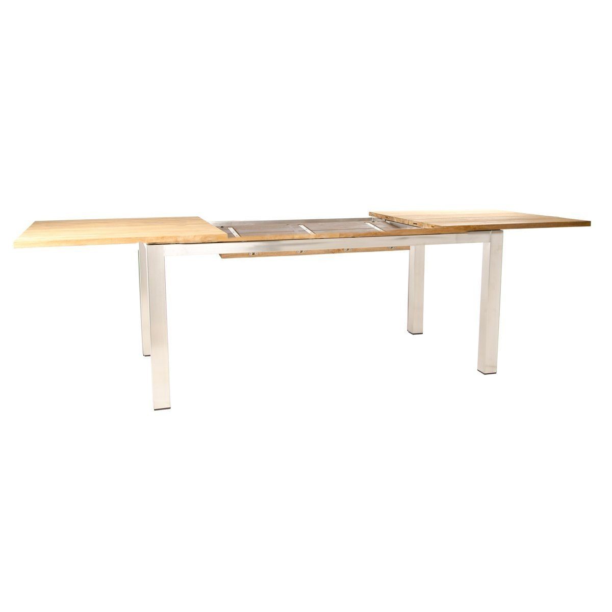 Jati & Kebon Gartentisch Como, Ausziehtisch, Edelstahltisch mit Teakholzplatte, herausklappbare Einlegeplatte, ausziehbar auf 270 cm