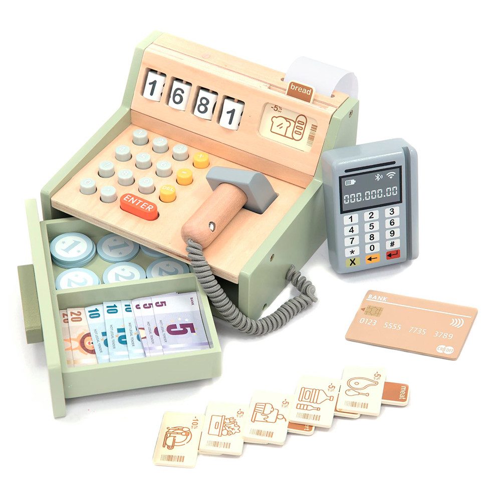 Zaewry Lernspielzeug Holz-Kasse für Kinder, Spielkasse,Spielkasse Kinderkasse mit Scanner (35-St), Rollenspiel-Geschenk für Jungen und Mädchen von 3, 4, 5 Jahren