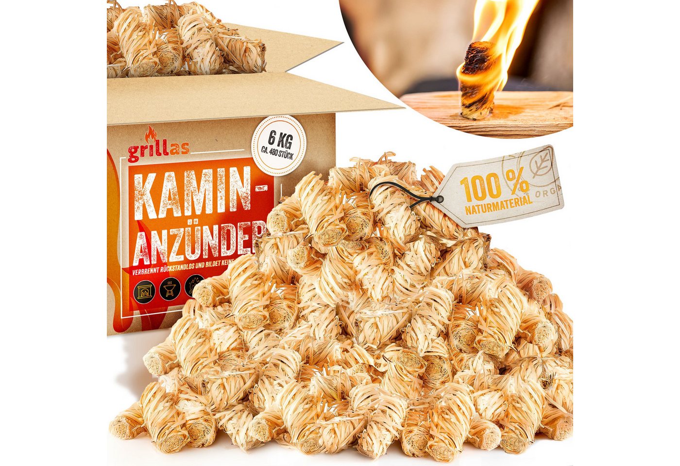 grillas Anzündkamin grillas® BIO Anzünder Kaminanzünder Holzwolle Grillanzünder Holz Feuer (480-tlg), Rückstände