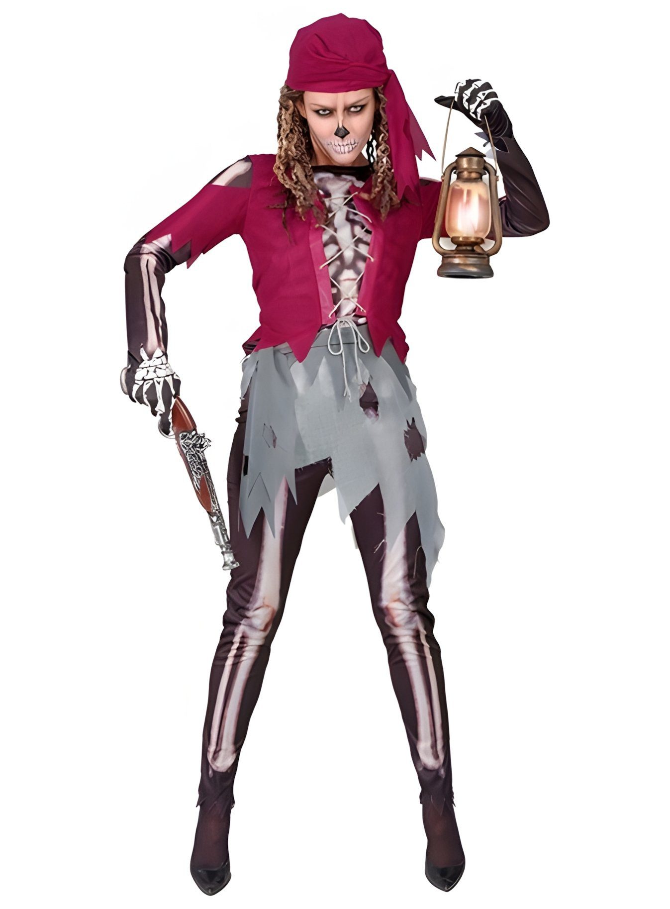 Metamorph Piraten-Kostüm Piratenskelett Damen Kostüm, Verwegenes Freibeuterinnen-Kleid im schaurigen Skelett-Look für Hallo