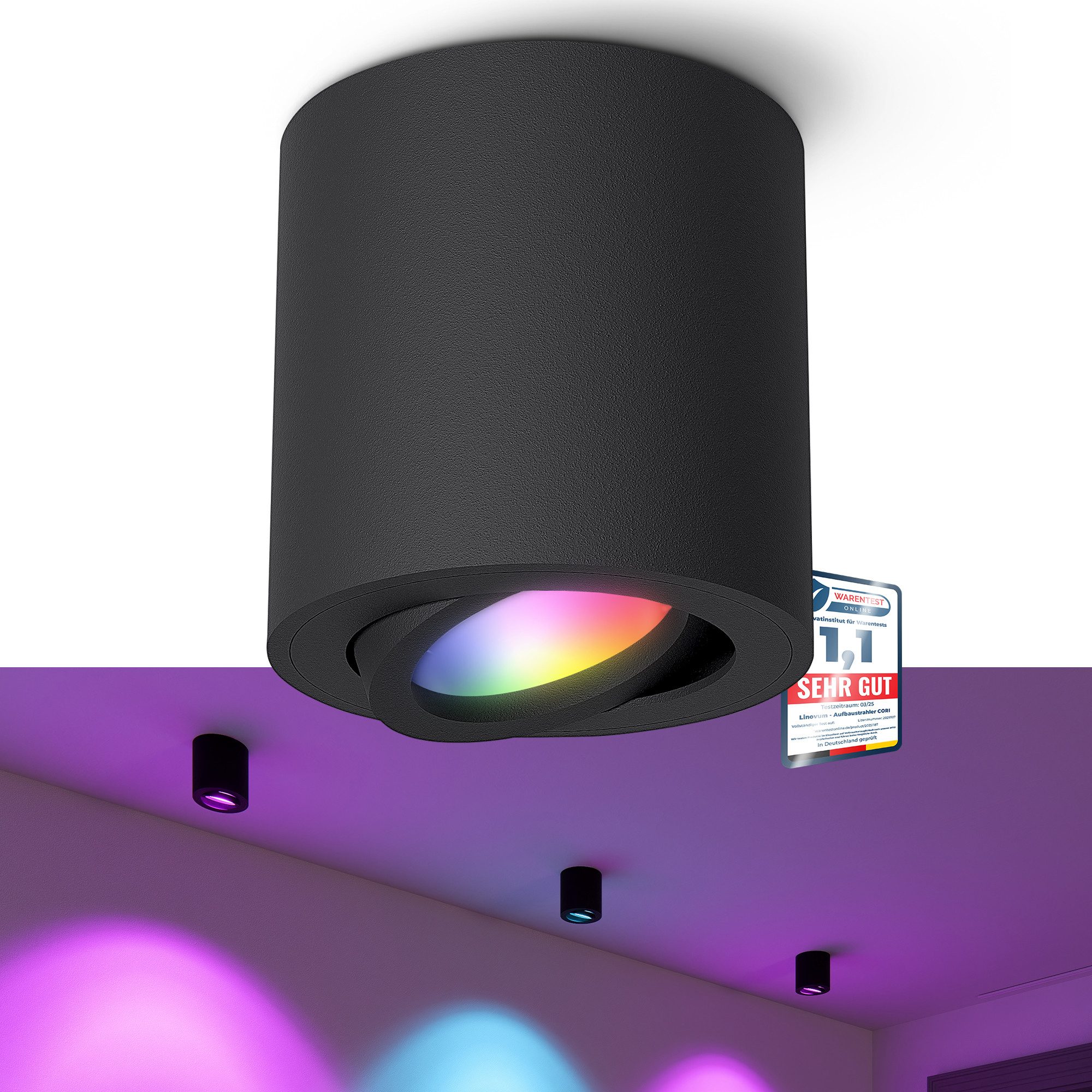 linovum LED Aufbaustrahler CORI Aufbauspot schwarz schwenkbar mit Smart Home LED GU10 dimmbar RGB, RGB