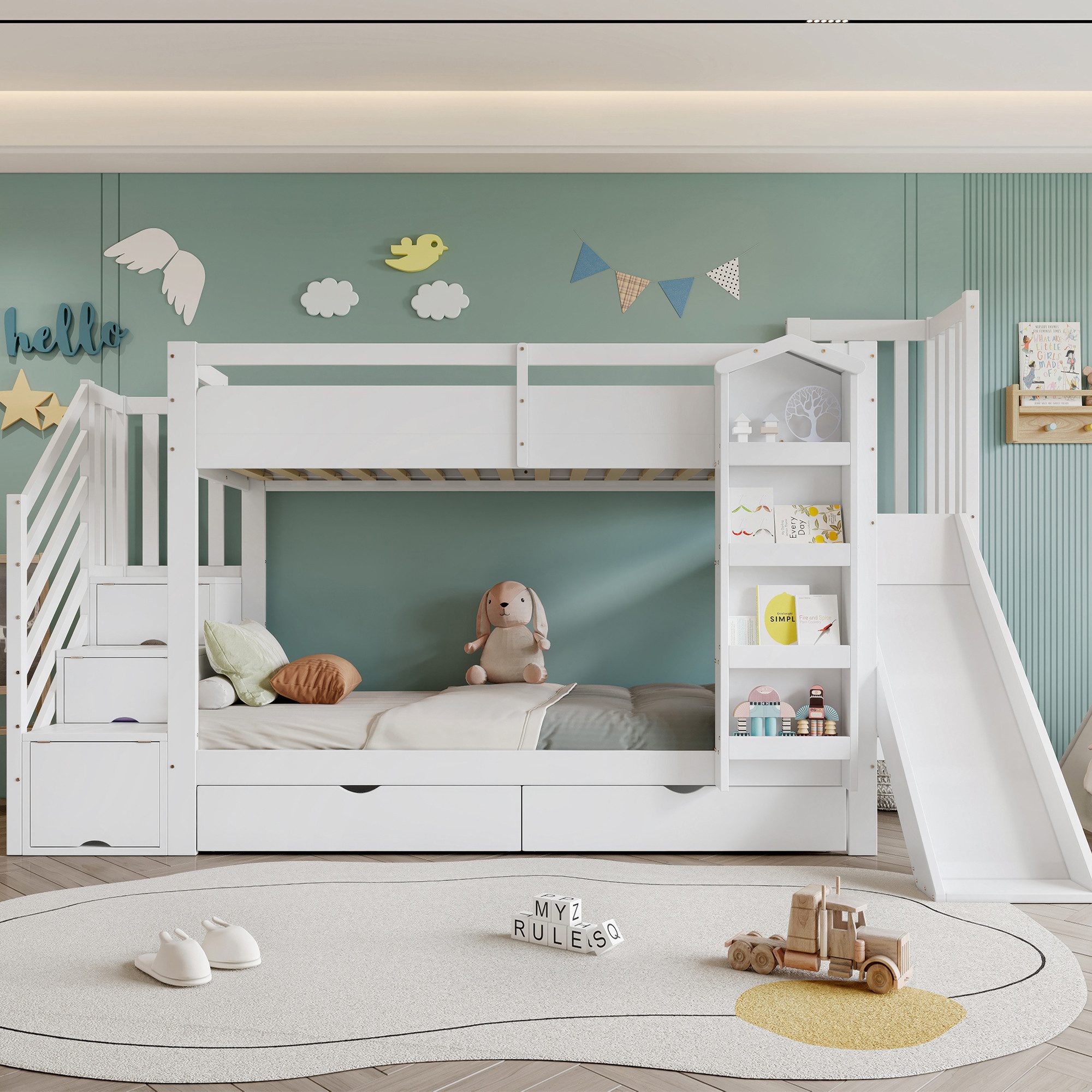 Merax Etagenbett 90x200cm (Kiefernholz Jugendbett Stockbett Doppelbett Hausbett, 1-St), Kinderbett mit Bilderbuchregal, Rutsche, Stauraumtreppe & 2 Schubladen